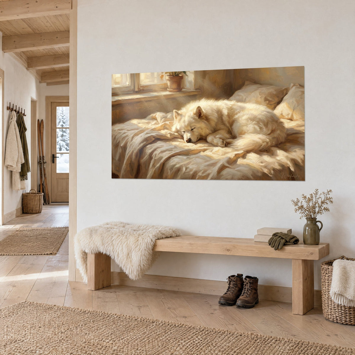 Tableau samoyède roulé en boule, museau posé sur ses pattes, oreillers beige et couette froissée ocre, au-dessus d'un banc en bois