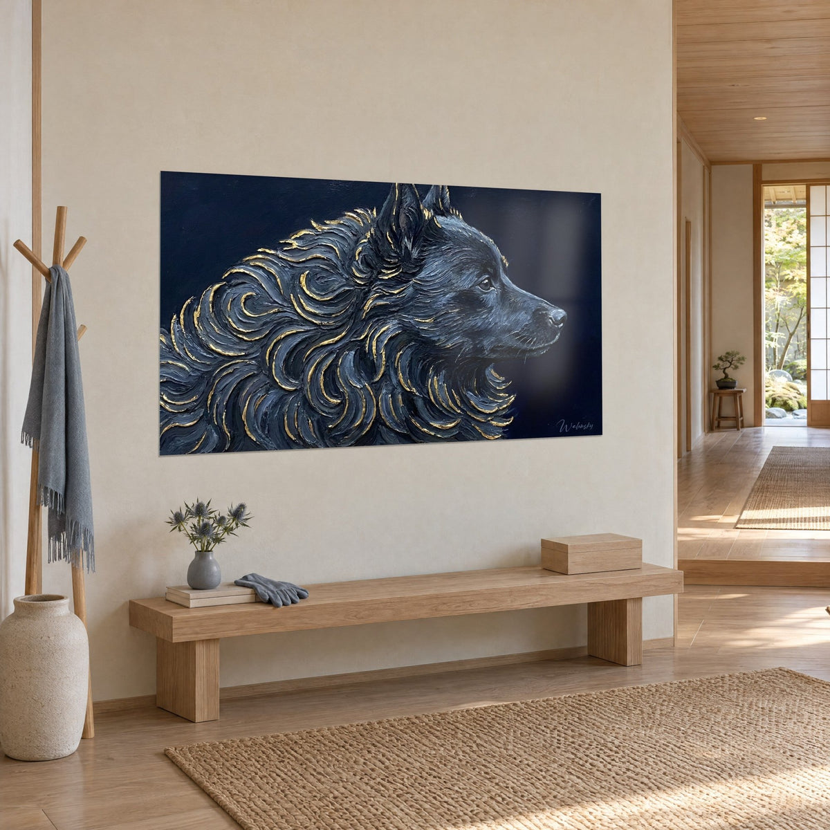 Wall art Schipperke portrait in thick impasto, golden curls on anthracite coat, light wooden bench and plant