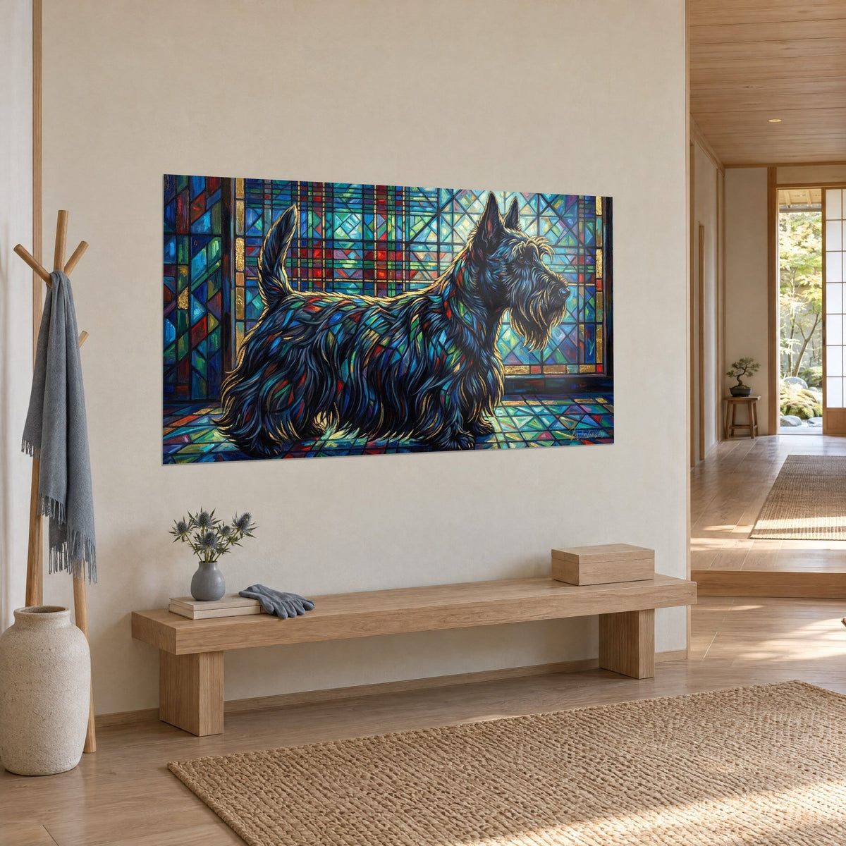 Tableau chien à barbe broussailleuse de profil, reflets turquoise et pourpres, contours dorés, accroché dans un couloir japandi