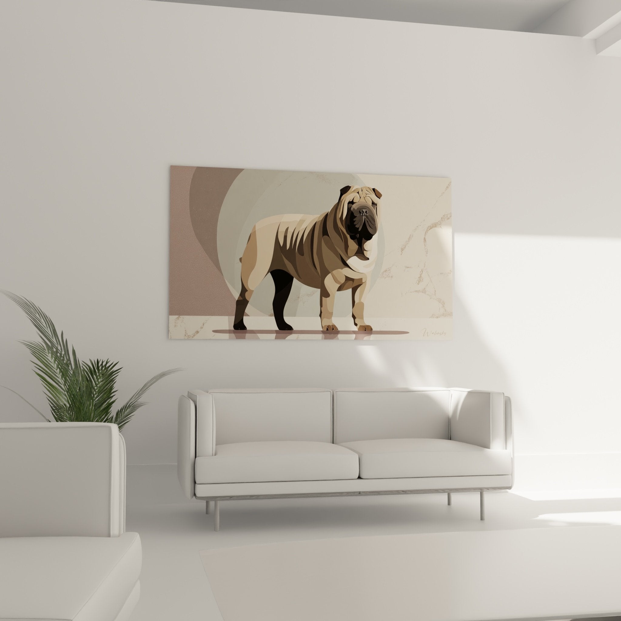 Détail du tableau Shar Pei montrant les plis du pelage en tons beige et marron géométriques