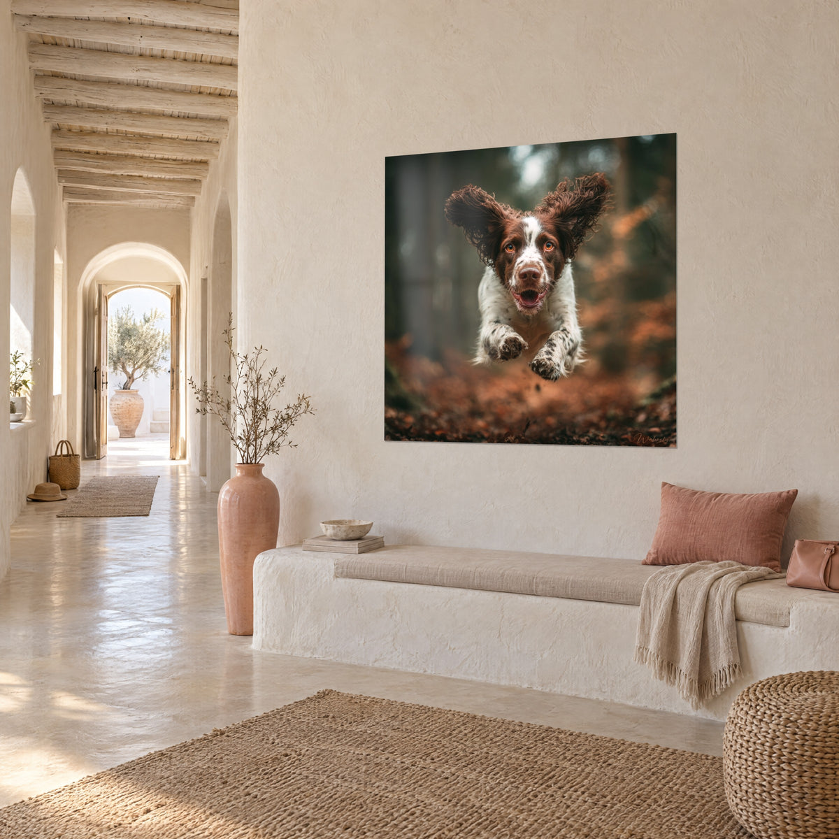 Tableau chien aux yeux ambrés, museau rose et langue sortie, fond de forêt flou, vue de trois-quarts dans un couloir voûté
