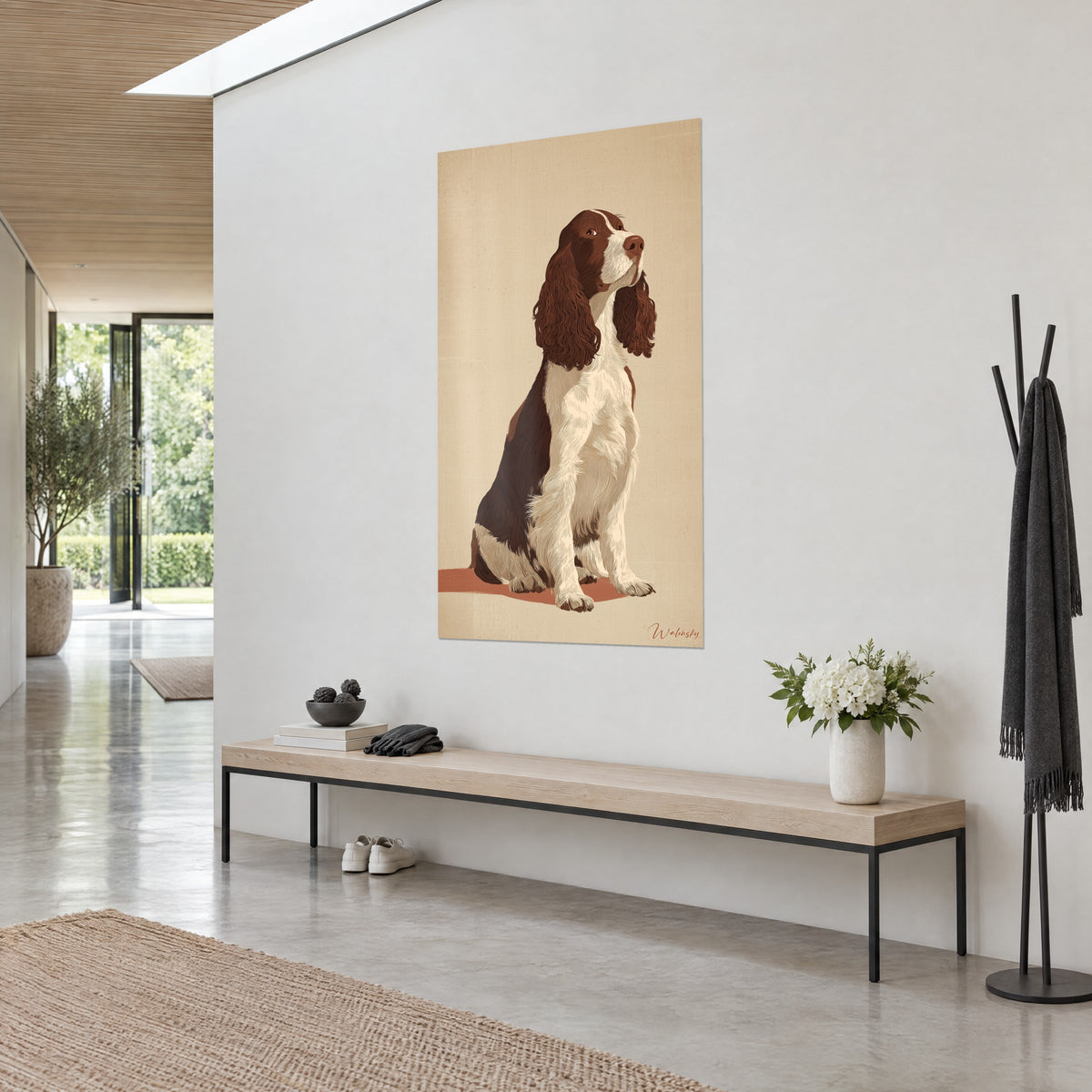 Cuadro de un perro de caza de pelaje blanco crema y chocolate, hocico levantado, visto de tres cuartos en un pasillo luminoso