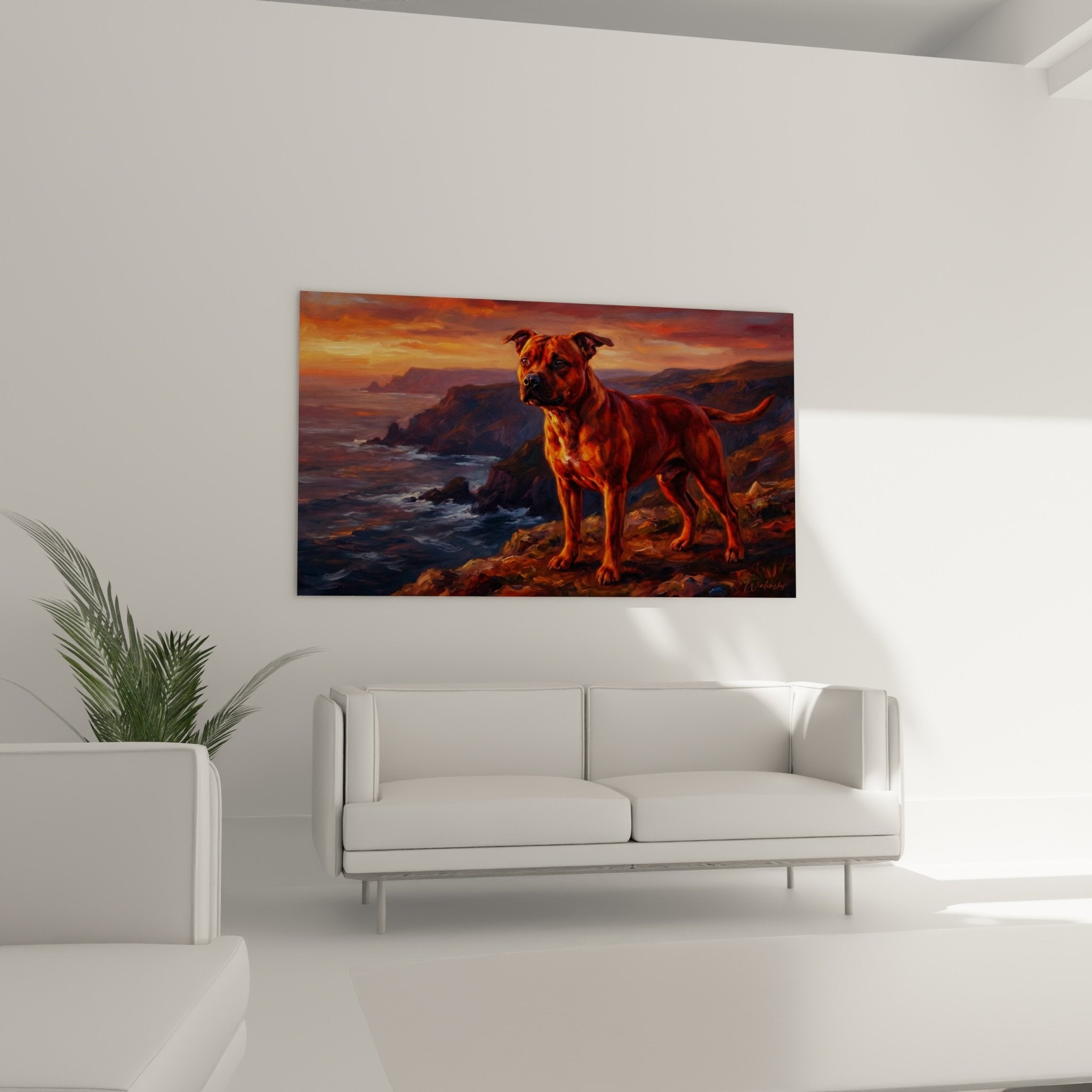 Detail pelage roux Staffordshire Bull Terrier eclaire lumiere doree coucher soleil