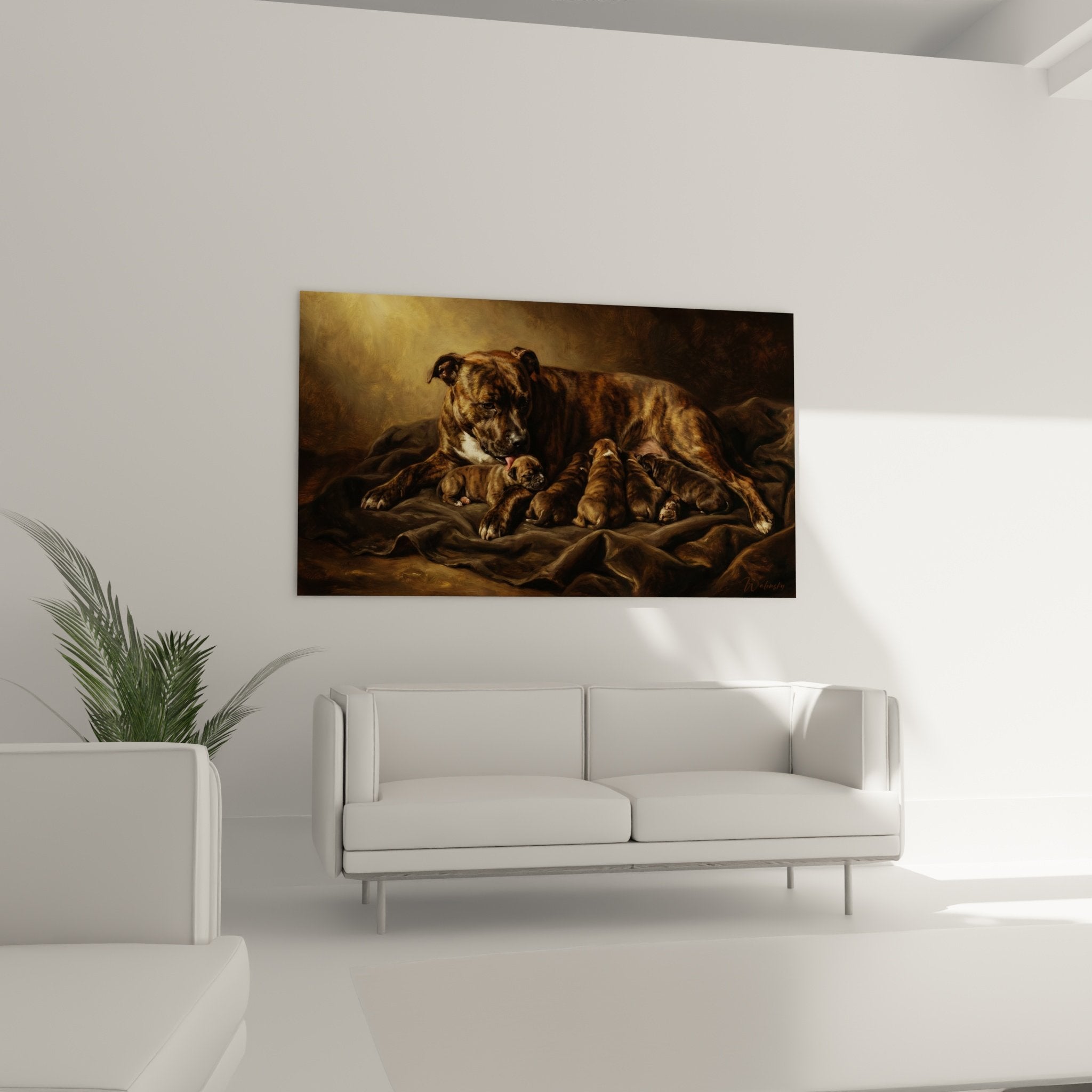 Dettaglio quadro cagna Staffordshire Bull Terrier mantello tigrato cuccioli neonati pittura realistica