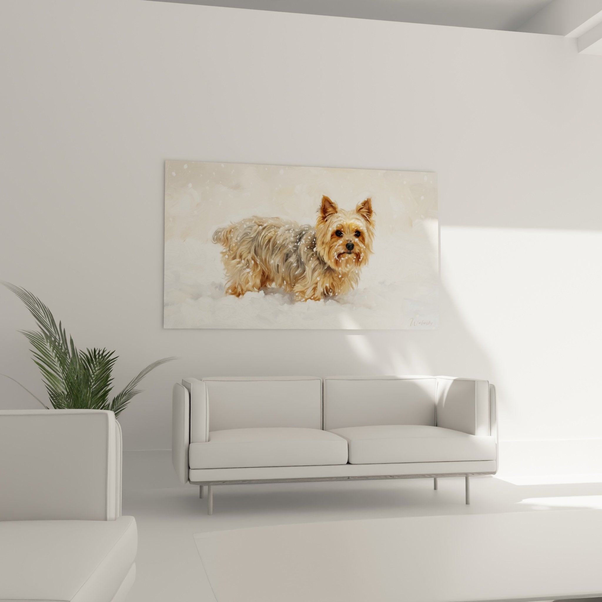 Close-up of silky Yorkshire Terrier coat with golden highlights contrasting against pristine white snow