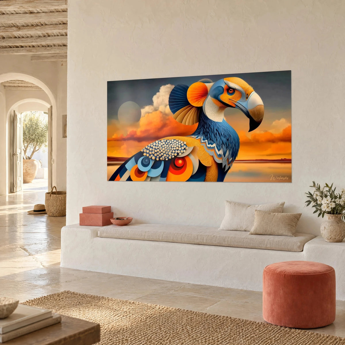 Quadro rapace preistorico dal becco avorio e occhio rosso, nuvole color zafferano e luna grigia, appeso in una casa mediterranea