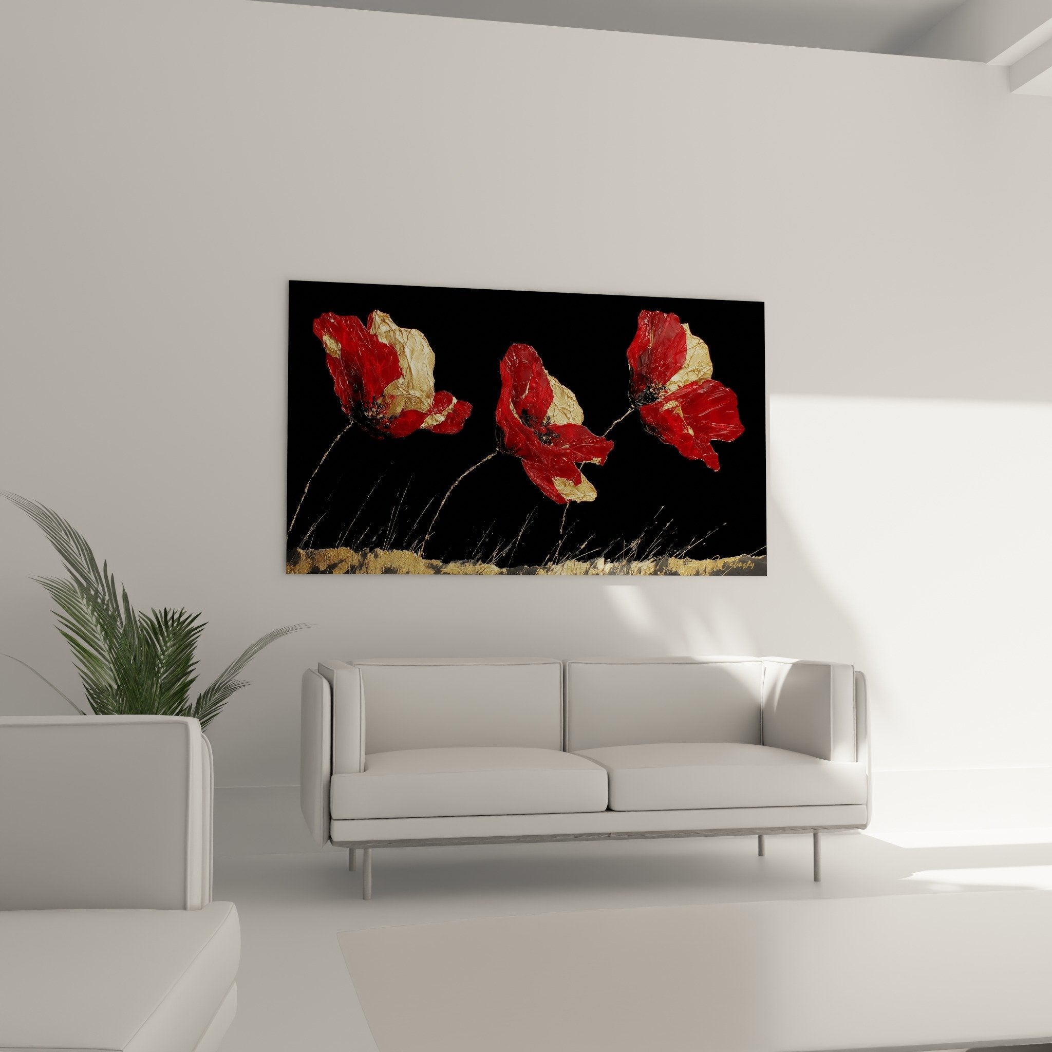 Close-up detail of bright scarlet poppy petals with gold accents, rough artistic texture visible