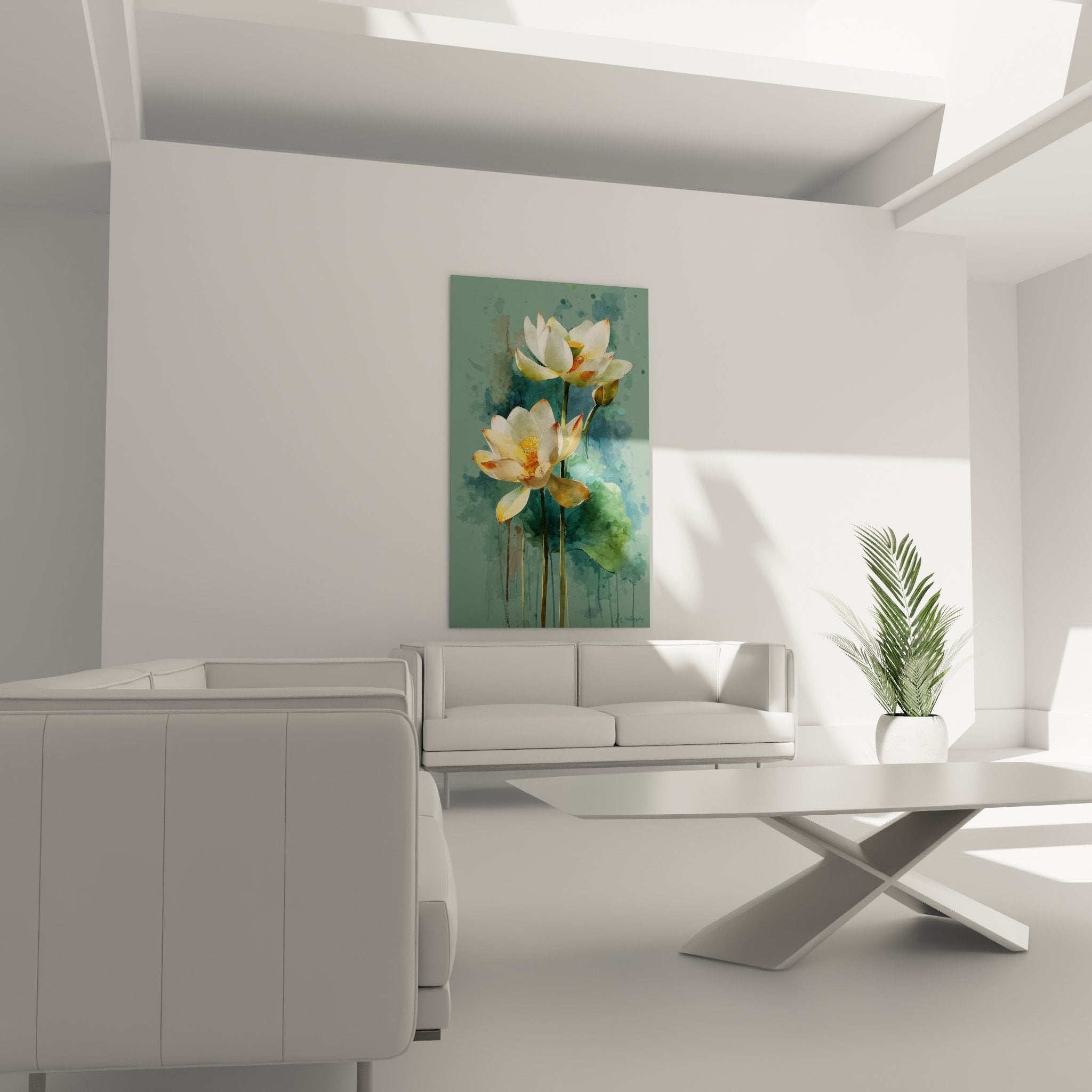 Détail rapproché des pétales de lotus blanc nacré aux nuances dorées sur aquarelle bleue