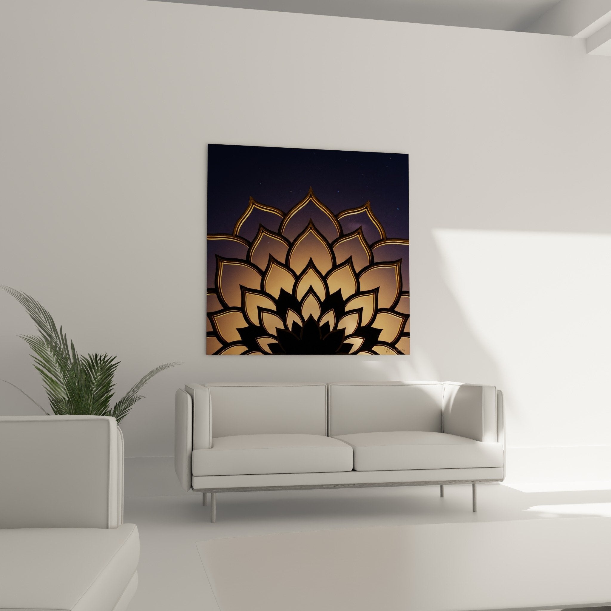 Détail rapproché pétales lotus dorés avec reflets cuivrés et contours lumineux sur fond nocturne étoilé