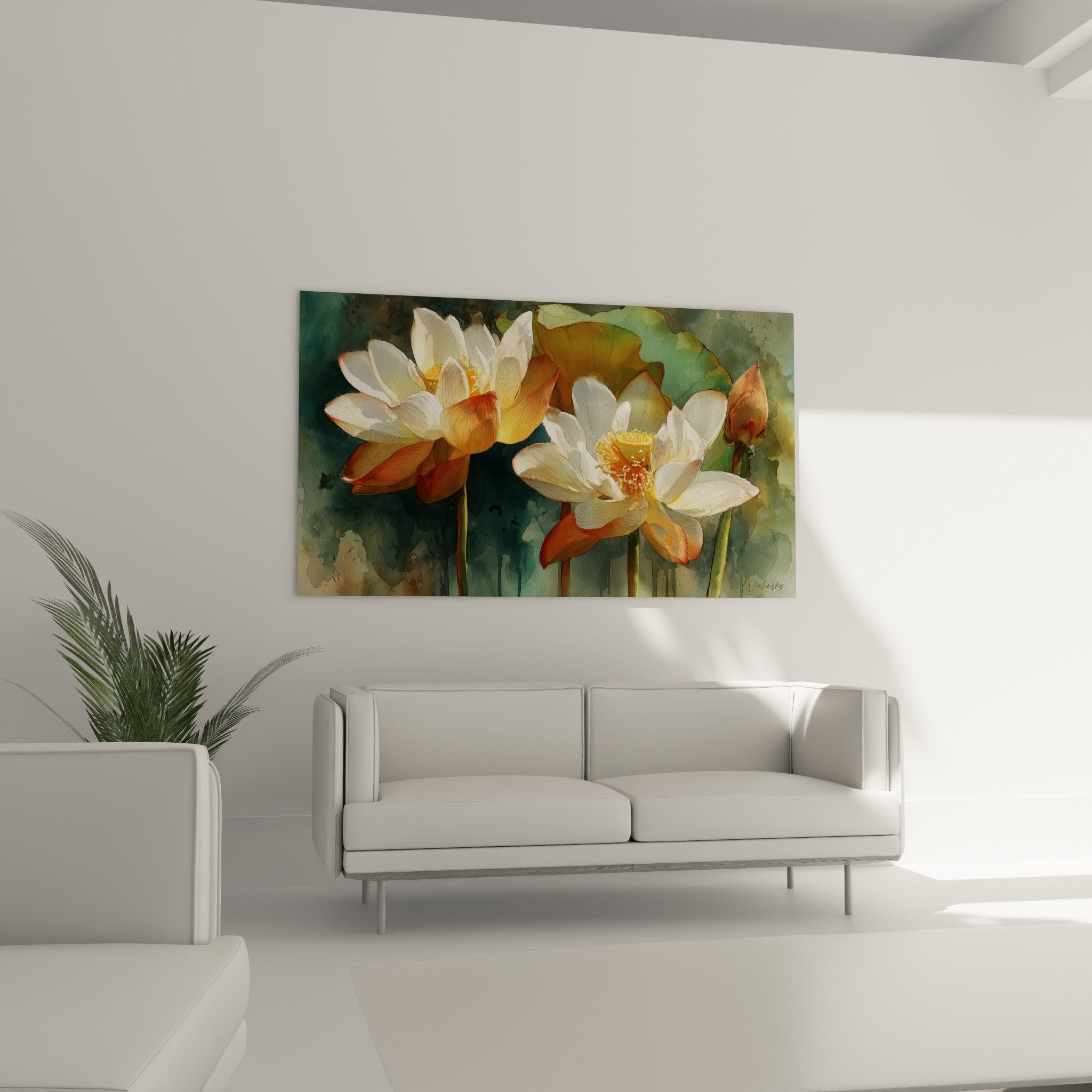 Détail pétales blancs nénuphar aux reflets dorés, cœur jaune vif, peinture réaliste florale