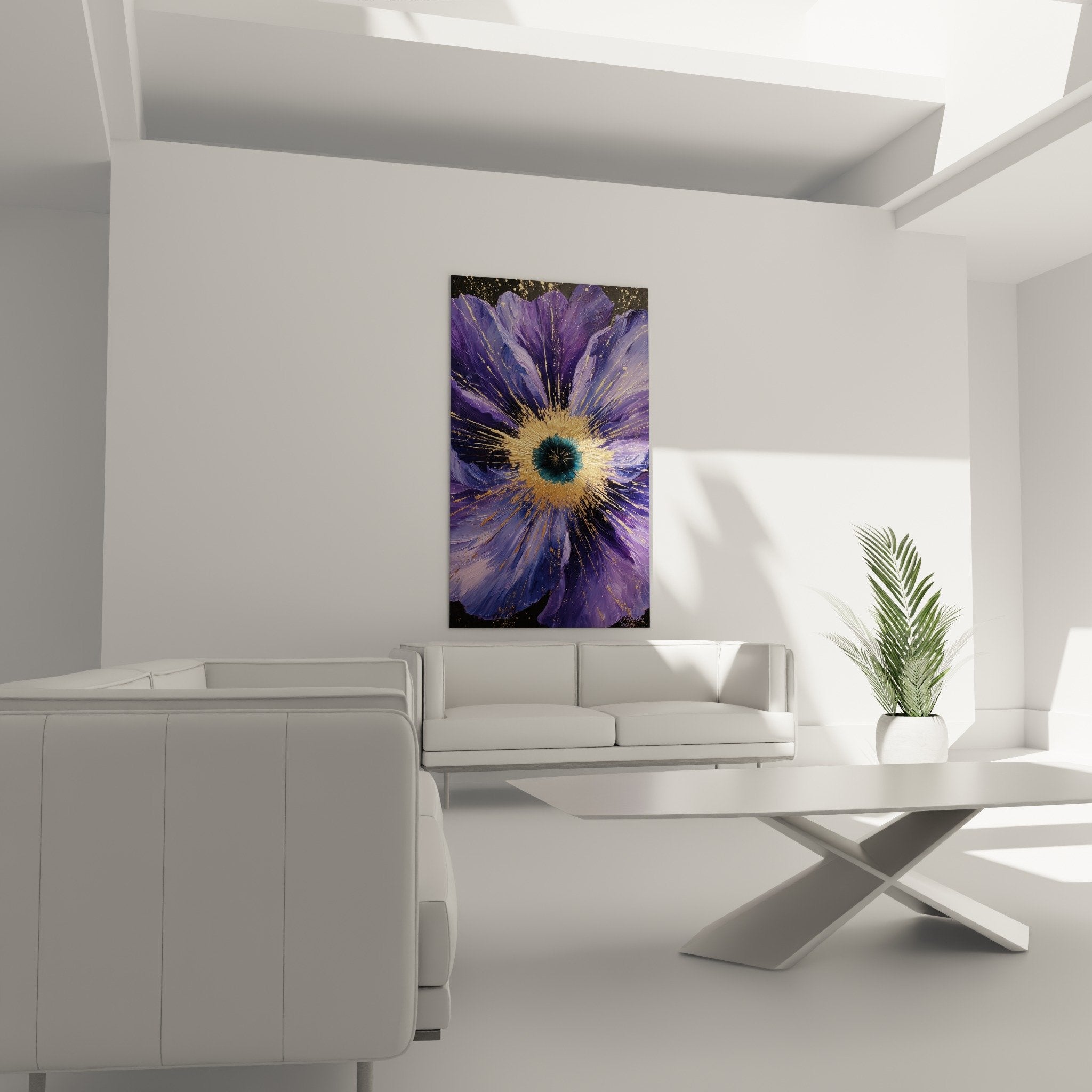 Close-up violet petals thick texture golden highlights turquoise center feng shui flower southeast wood