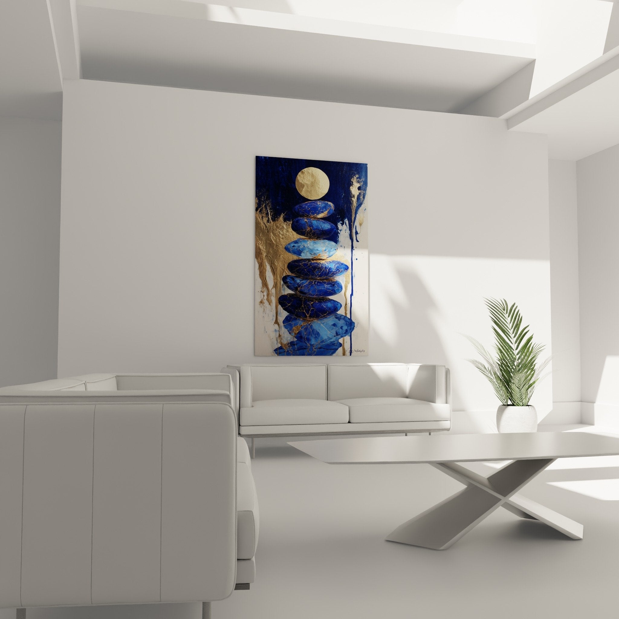 Détail pierres bleues veines dorées texture kintsugi art minéral contemporain feng shui équilibre
