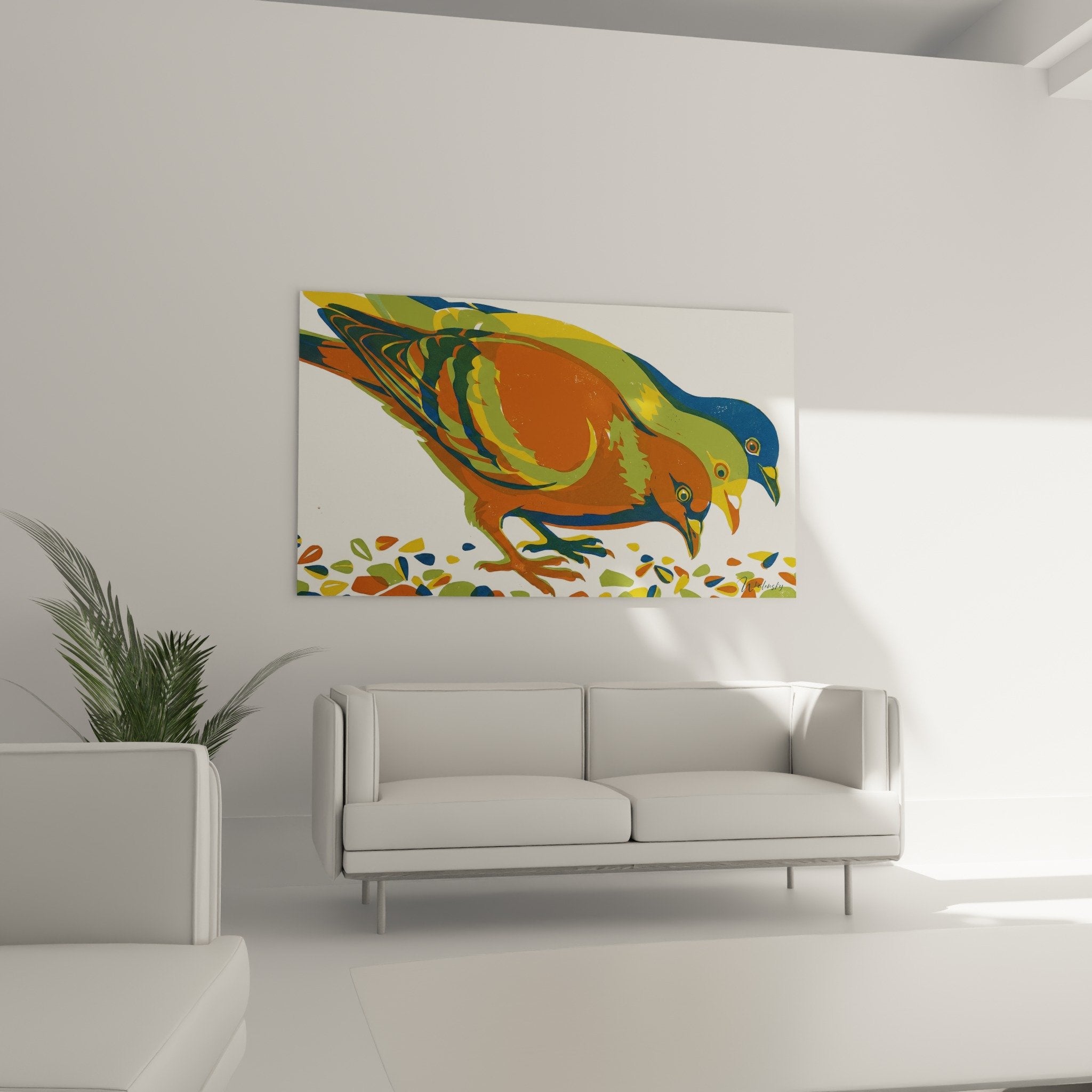 Detail künstlerische Taubenfederdetail mit künstlerischen Farben Orange Grün Blau moderne Maltextur