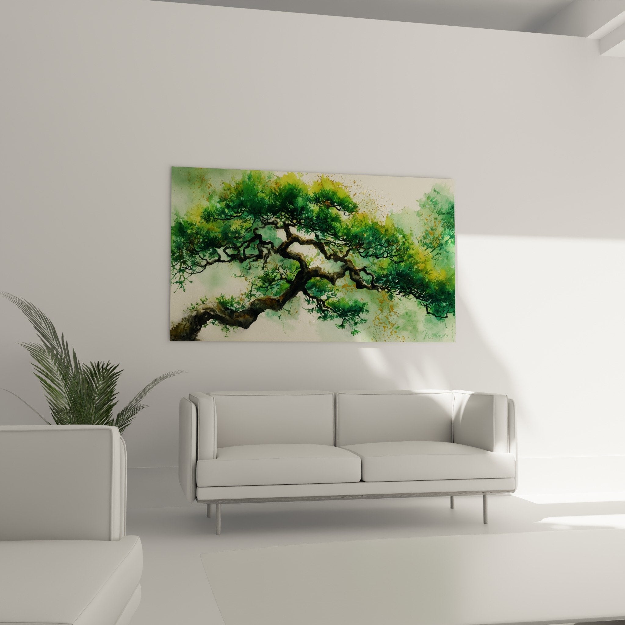 Detail Aquarellmalerei Schirmkiefer gewundene Äste dichtes Laub Jade-Grün Feng Shui Osten Holz