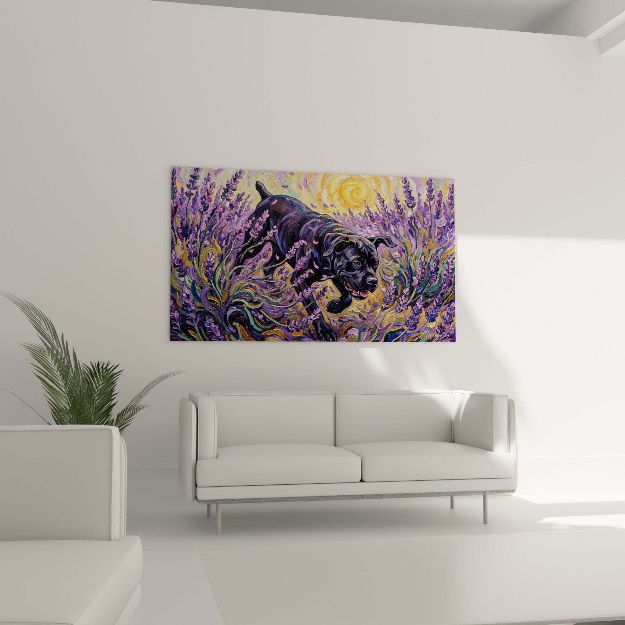 Détail pinceau tableau Cane Corso noir pétales lavande tourbillonnants technique expressionniste visible
