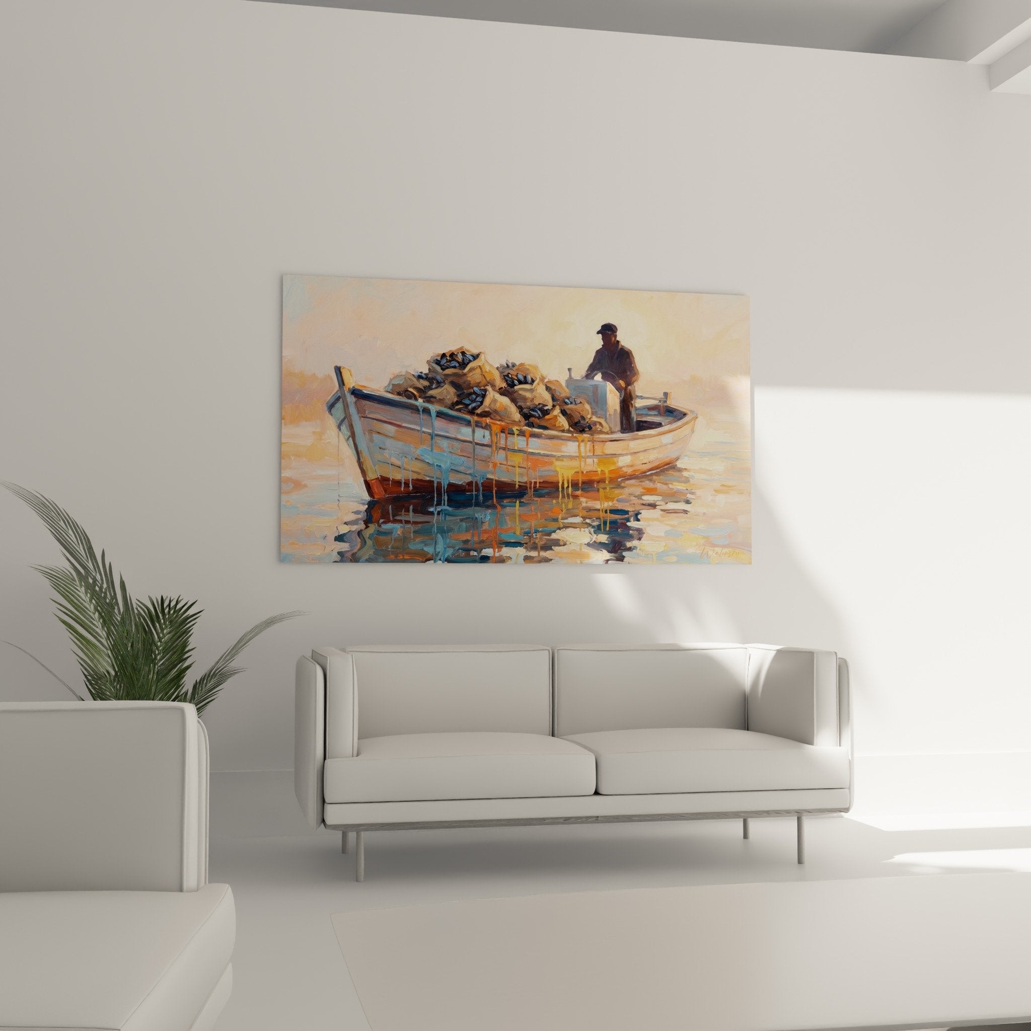 Detailaufnahme Gemälde Fischer Boot Muscheln Pinselstrich Impasto warme Farben authentische marine Maltechnik