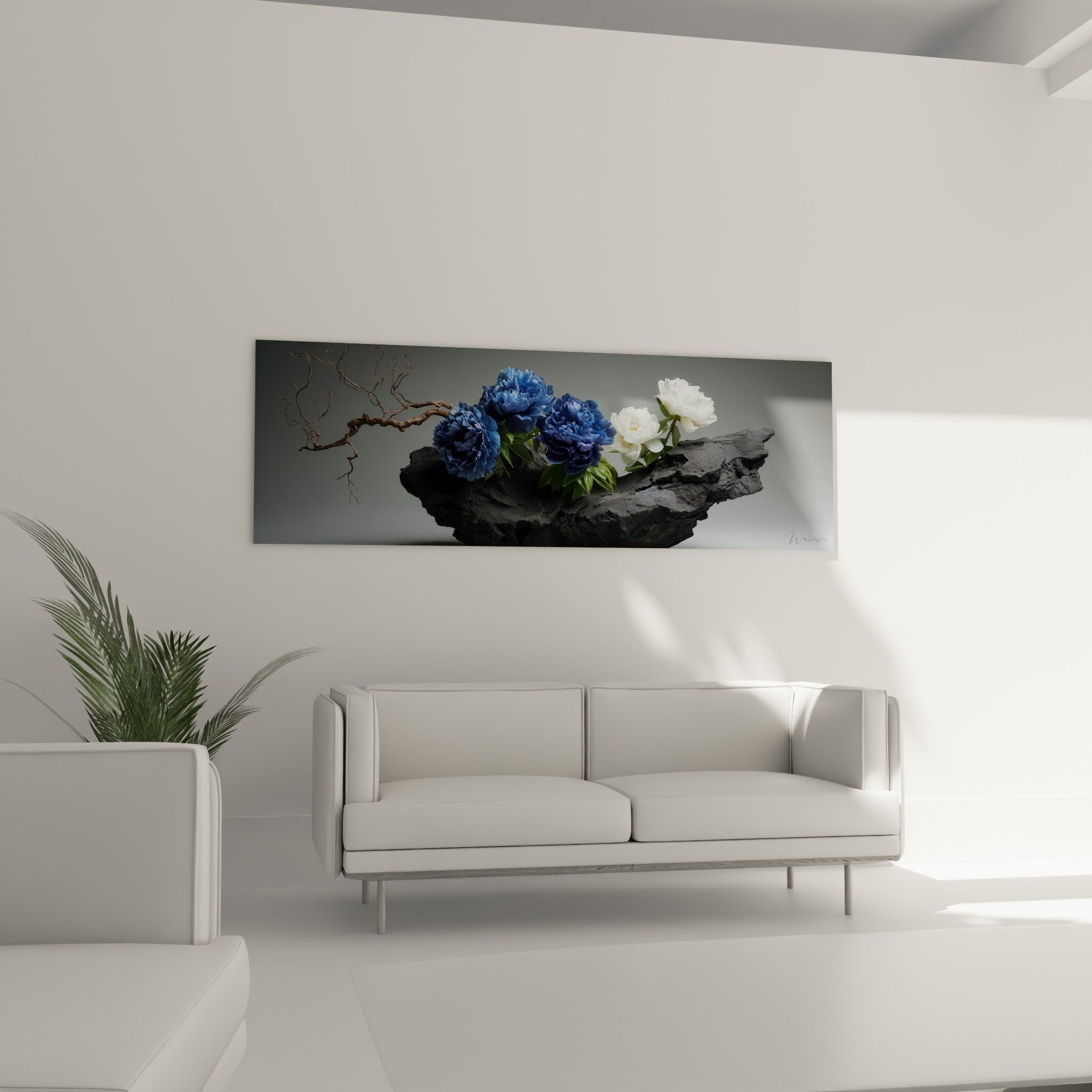 Détail pivoines bleues blanches textures pétales soyeux pierre volcanique noire art ikebana