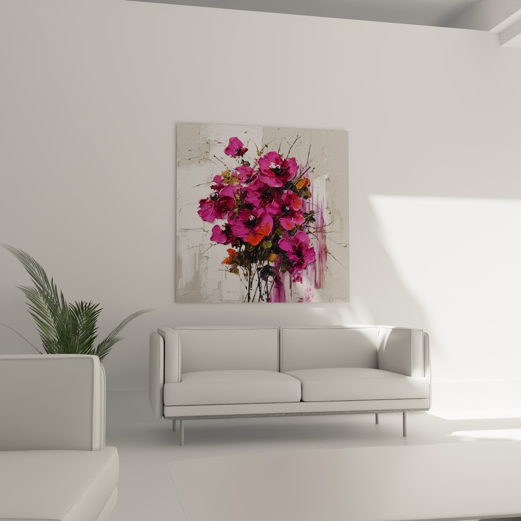 Detail fuchsia peonies thick impasto purple drips textured relief modern floral painting