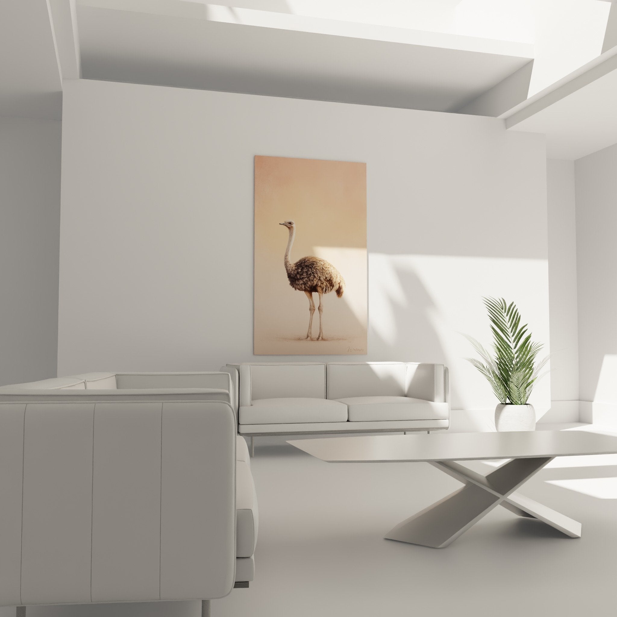 Detailliertes Straußengefieder in Beige und Ocker, realistische Textur, Tierkünstler-Porträt, Nahaufnahme