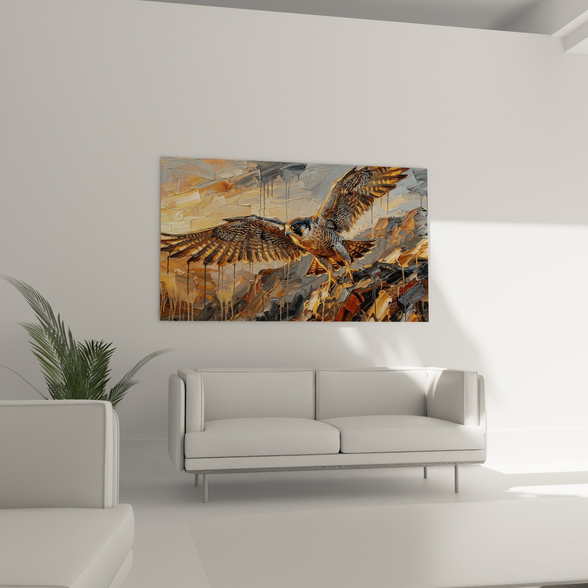 Detail plumage faucon peinture expressive tons bruns dores texture visible