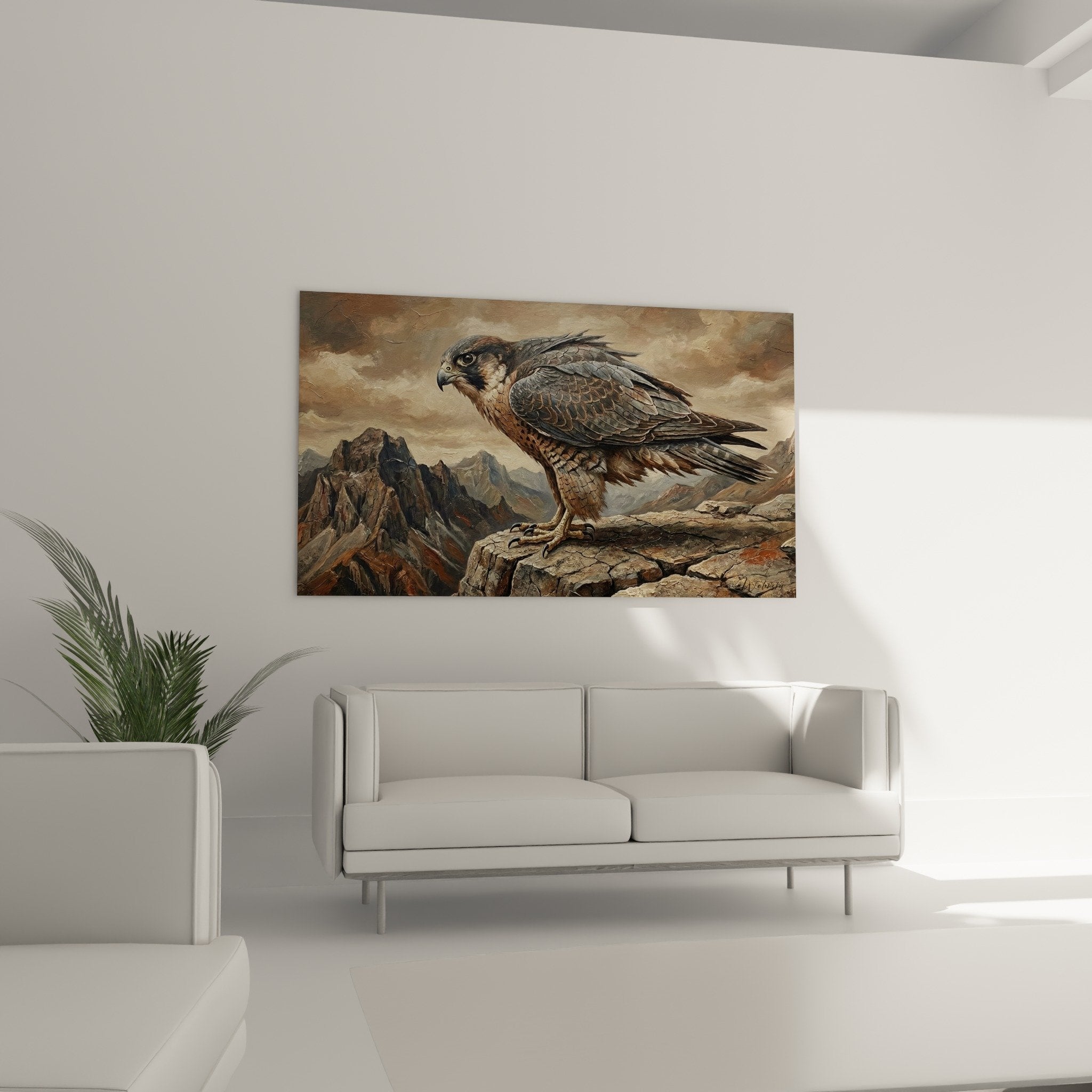 Falcon plumage detail textured beige gray feathers yellow talons stratified rock artistic precision raptor