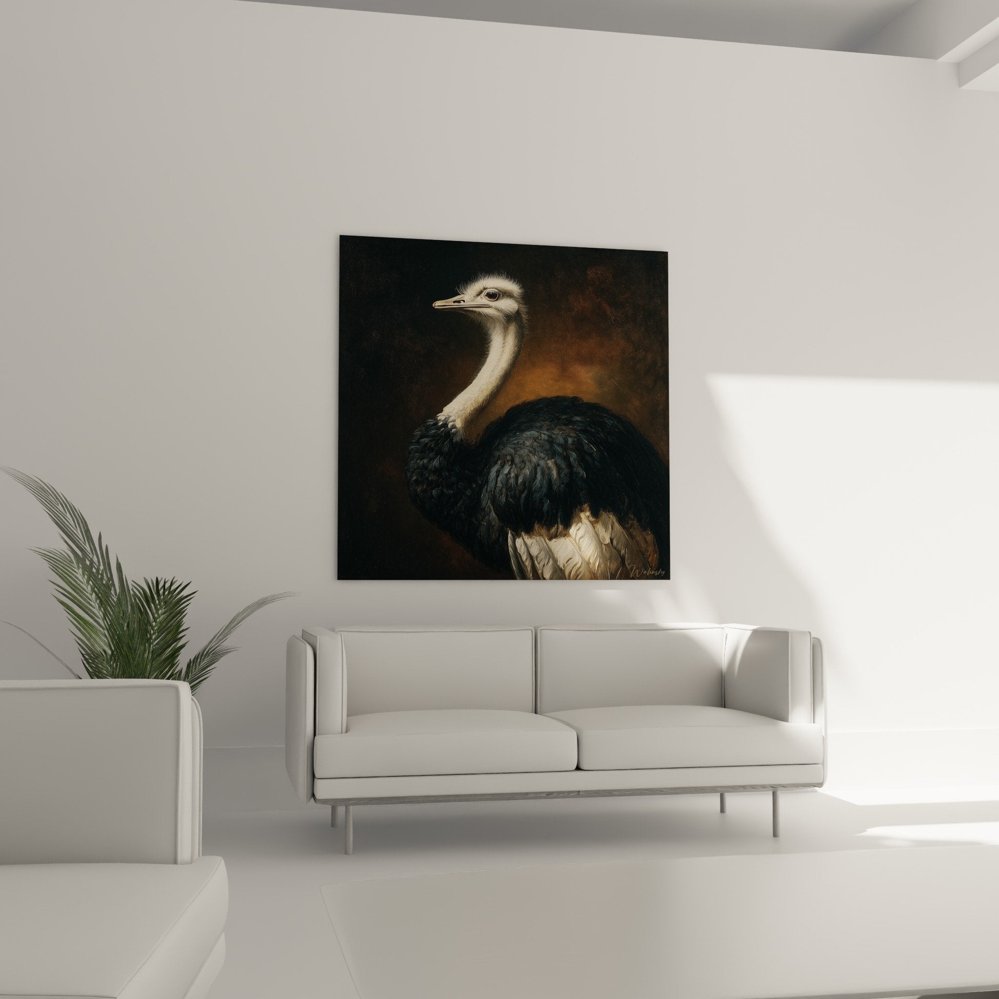 Gros plan sur les details du plumage noir chatoyant et le cou beige dore de l'autruche au regard pergant