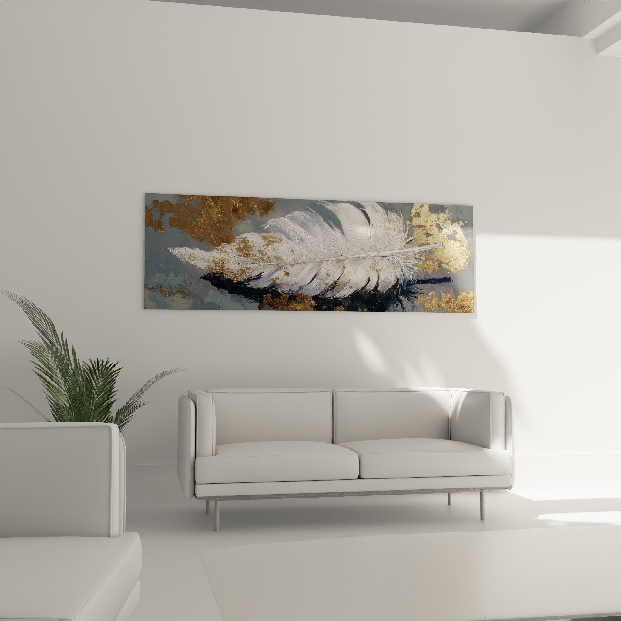 White feather down detail delicate golden reflections, fine and precise artistic texture, contemporary wall art