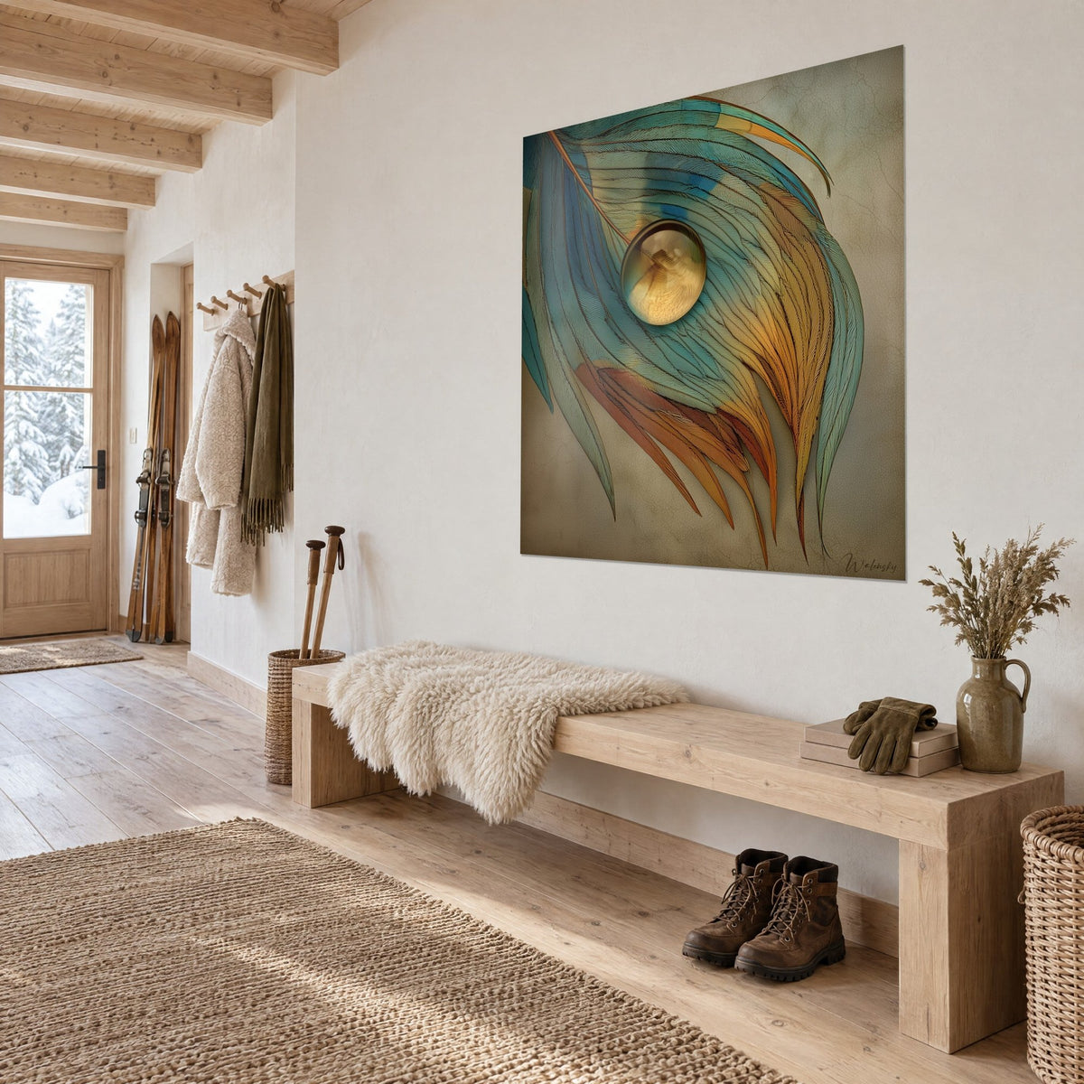 Wall art with stylized feather barbs in teal and burnt orange, golden bubble, on a white wall above a light wood bench