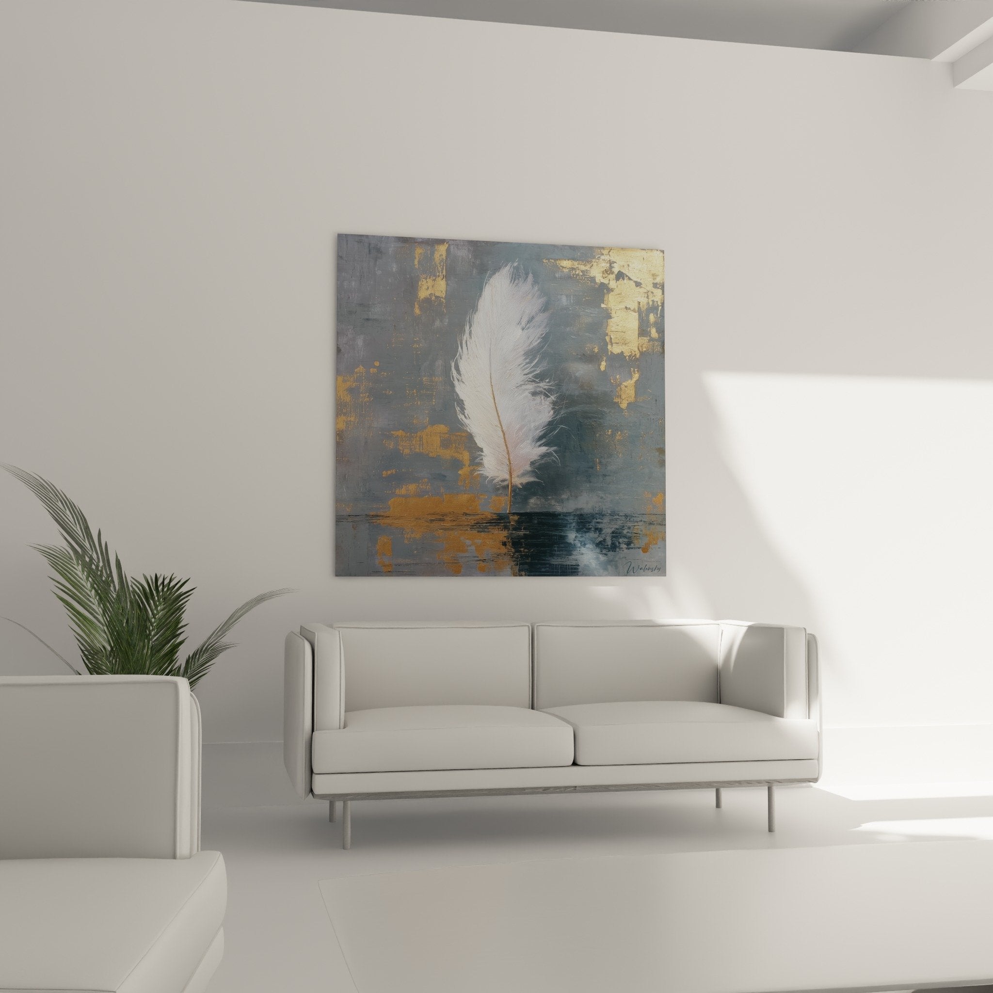 Detailed realistic white feather fine down texture abstract blue-gray background artistic gold accents