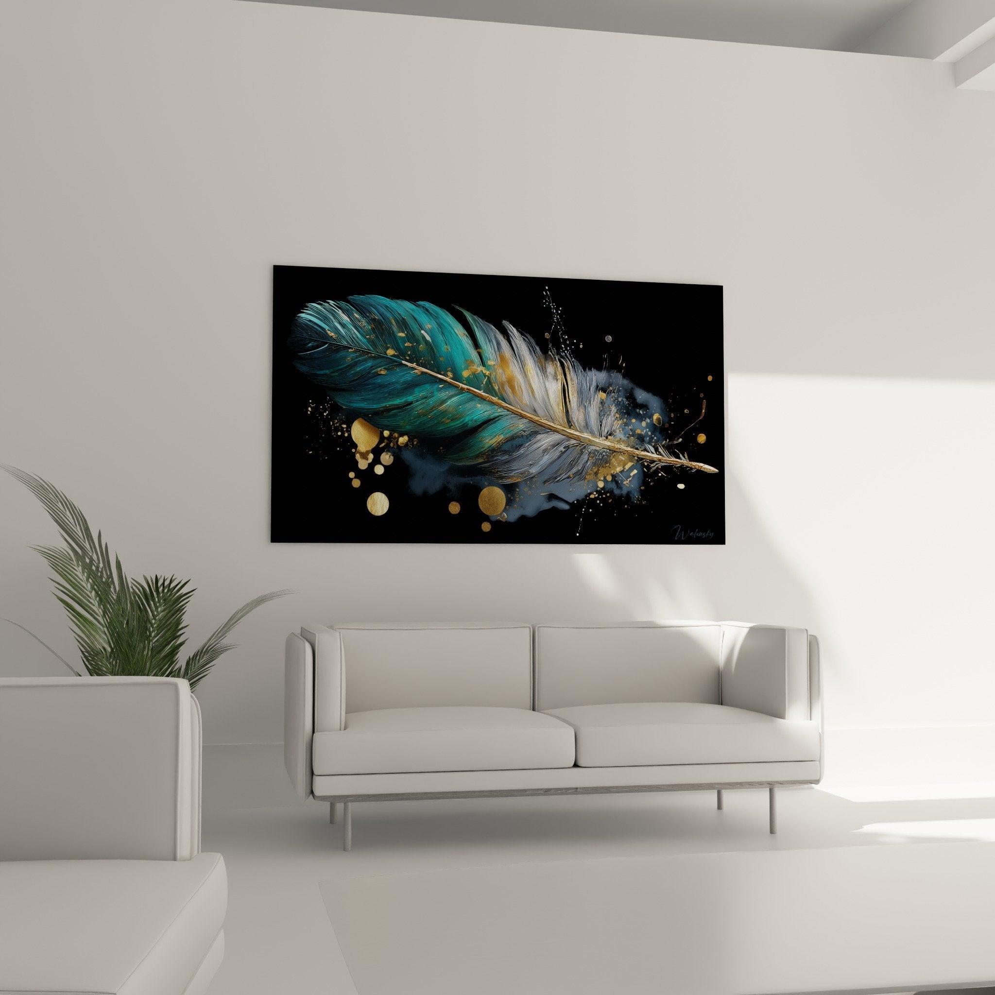 Détail plume turquoise avec reflets dorés et particules lumineuses art moderne haute qualité