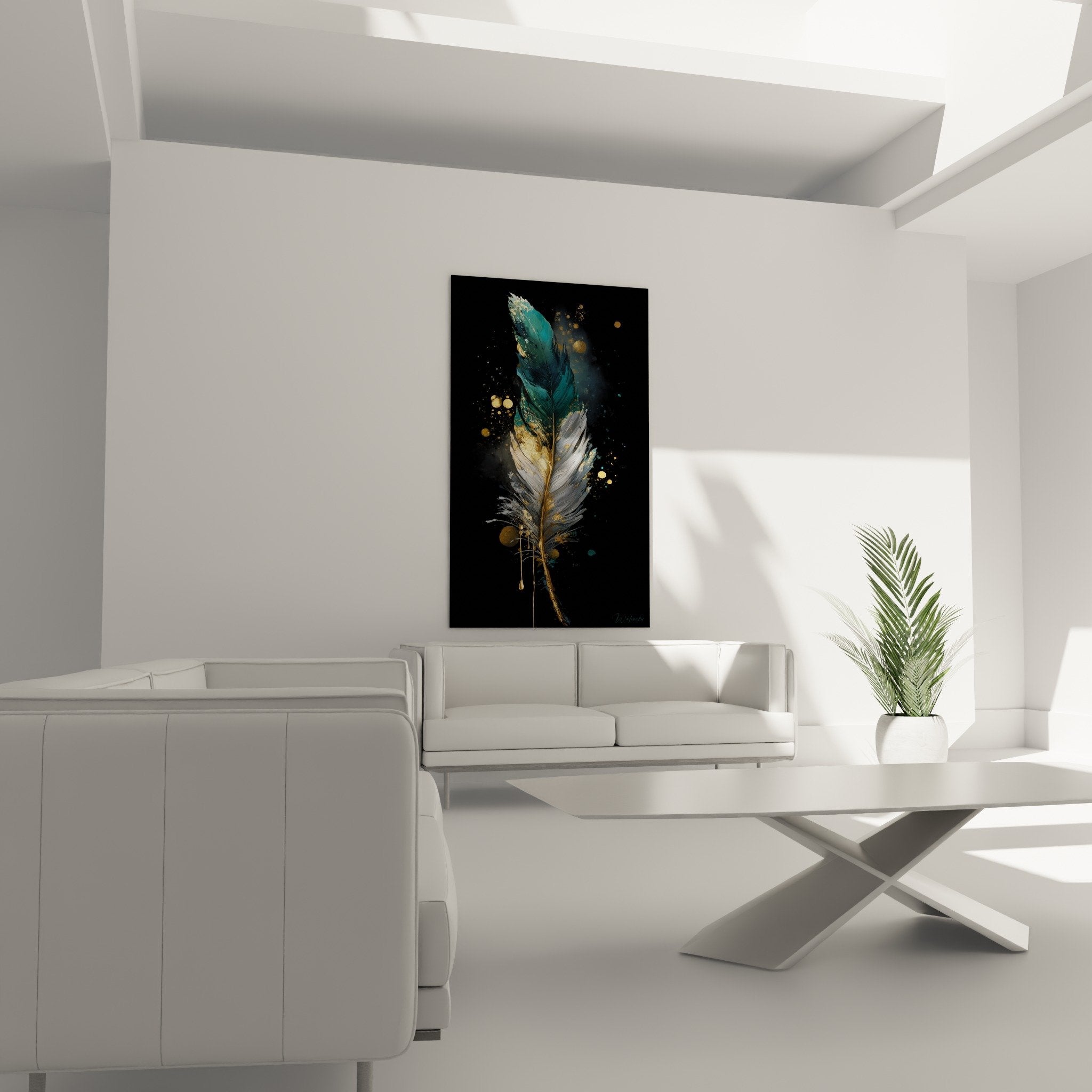 Detail plume turquoise reflets dores particules scintillantes fond noir artistique