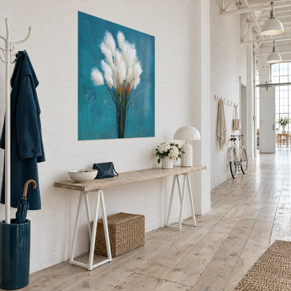 Wall art Sheaf of fluffy ivory grasses, textured brushstrokes on deep blue, white brick wall of an artist's loft