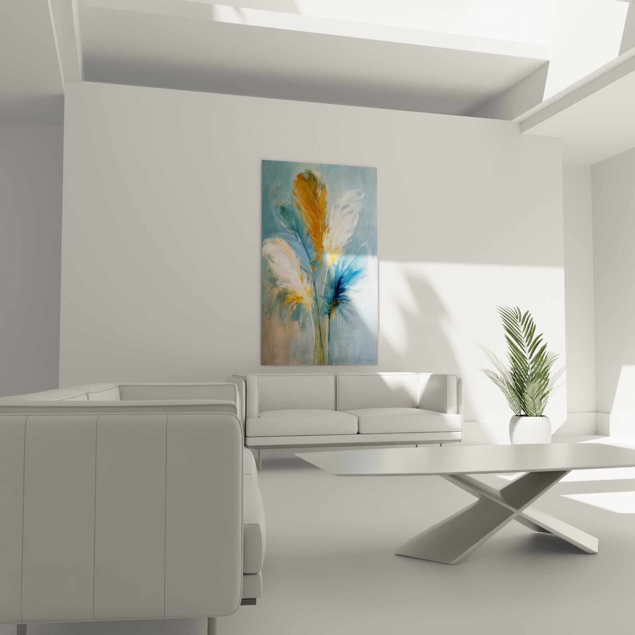 Artistic feathers detail golden orange blue tones vaporous texture refined contemporary painting