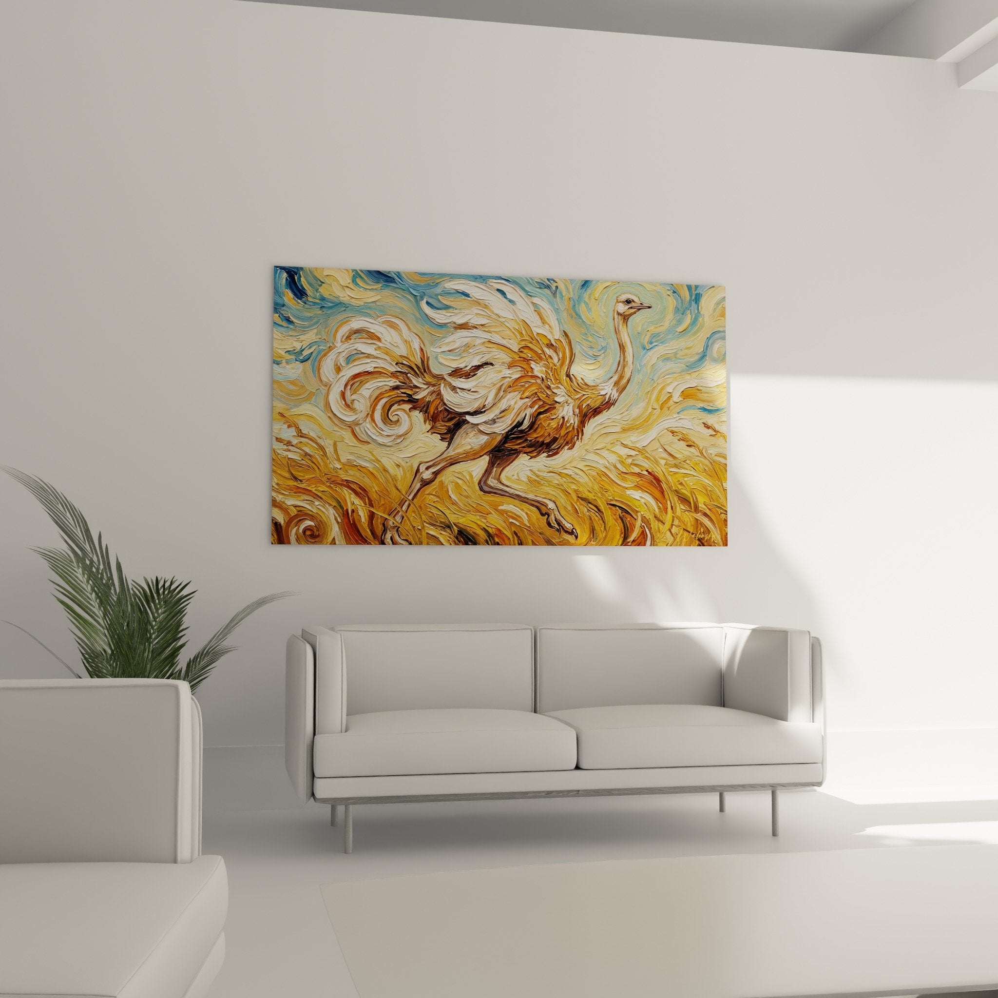 Detail plumes autruche spirales dorees bleues texture pinceau expressionniste art animalier moderne