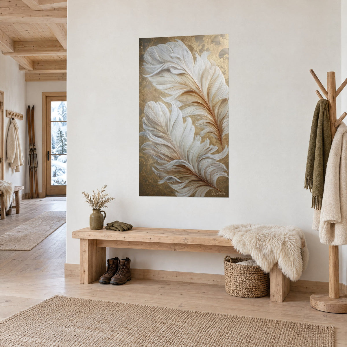 Wall art with a duo of cream and gold feathers, three-quarter view above a light wood bench in a chalet