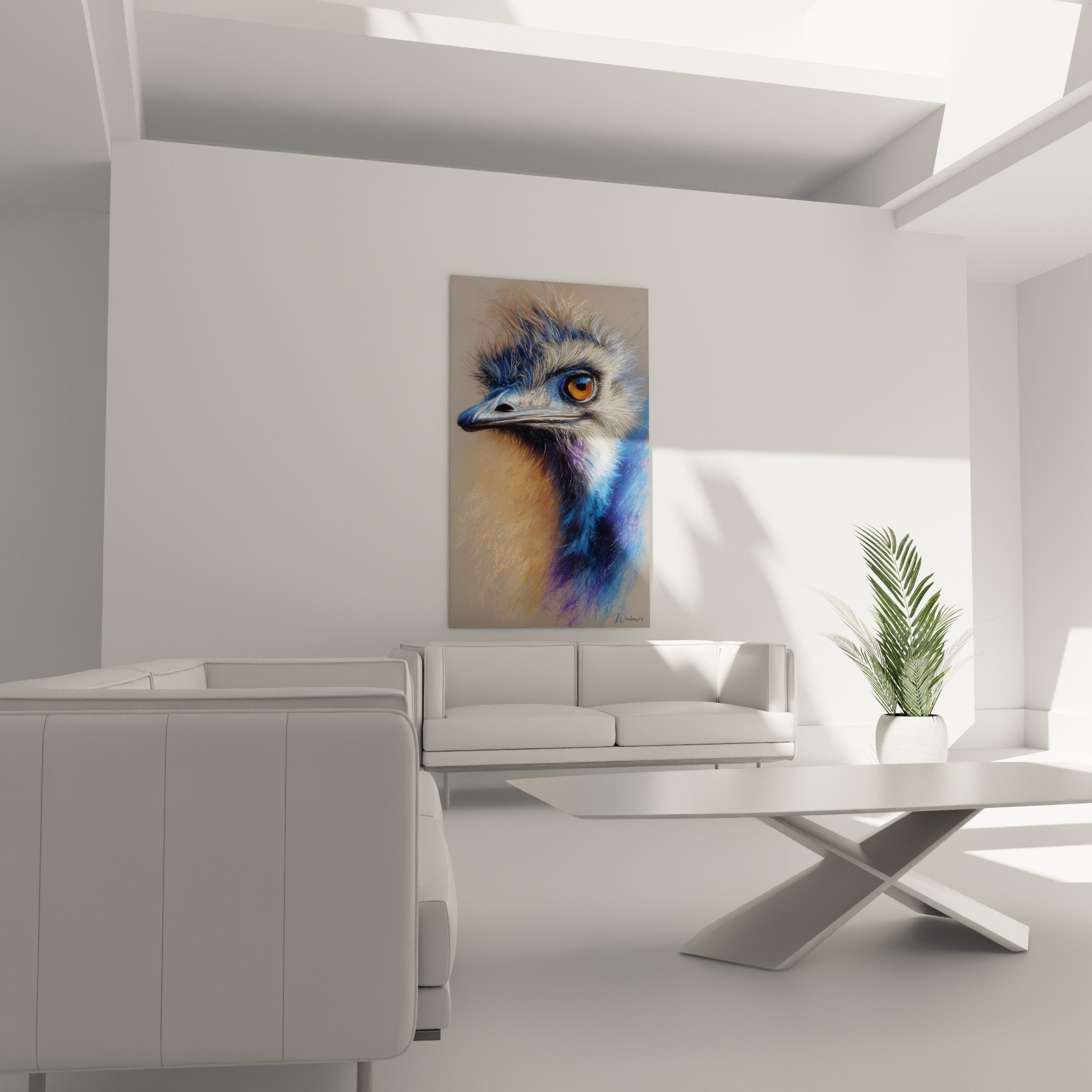 Detail plumes bleues autruche tableau artistique nuances violettes dorées textures realistes