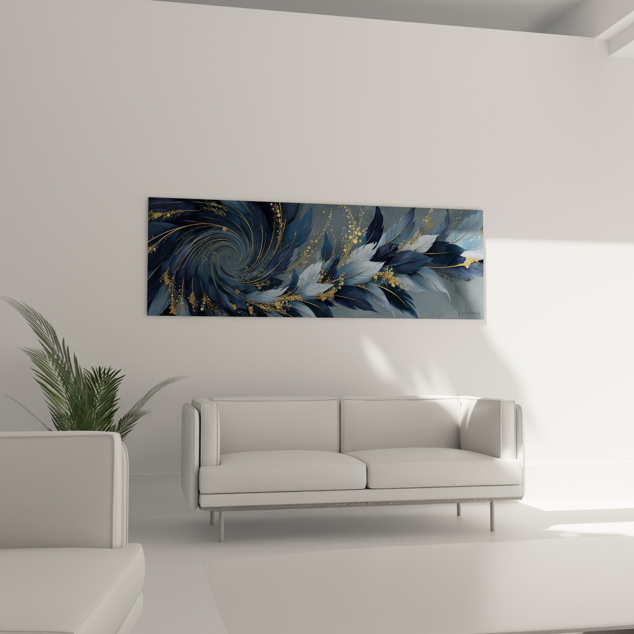 Detail plumes bleues et particules dorees scintillantes tableau spirale Edition Plume art mural