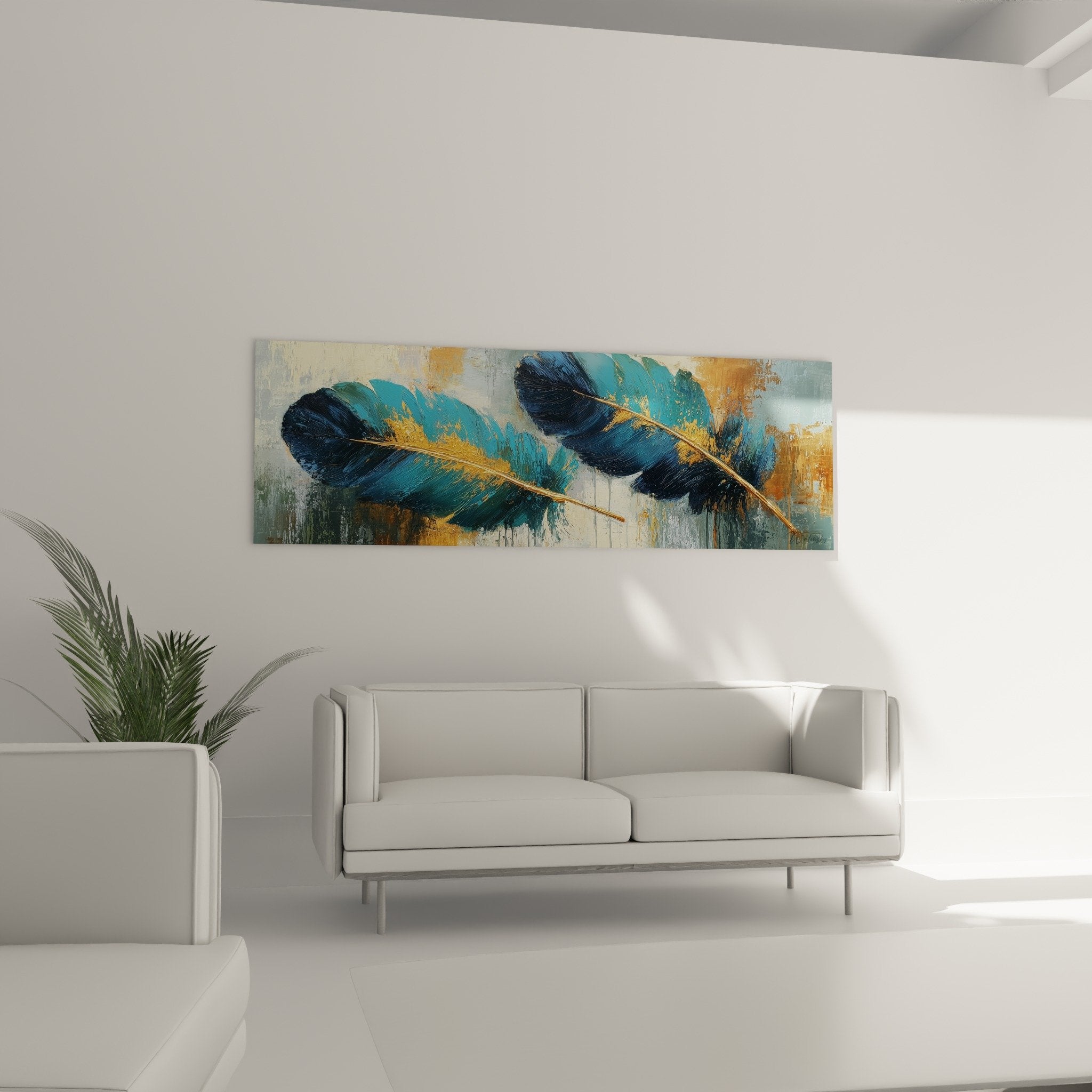 Blue feathers detail with gold highlights textured pictorial finish - naturalistic contemporary art