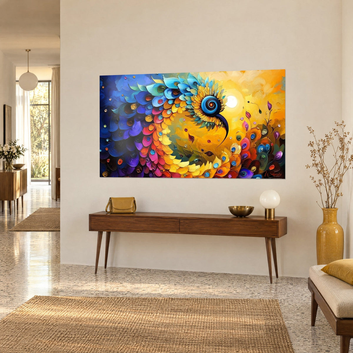 Schilderij van spiraalvormige veren van nachtblauw naar oranje, turquoise oog en witte zon, op een muur van een huis uit de jaren 50