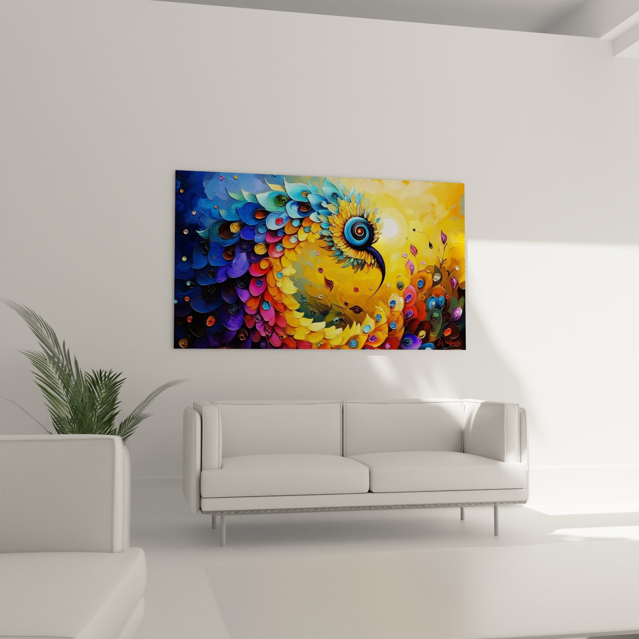 Gros plan détail plumes colorées spirale oiseau tableau art mural abstrait multicolore