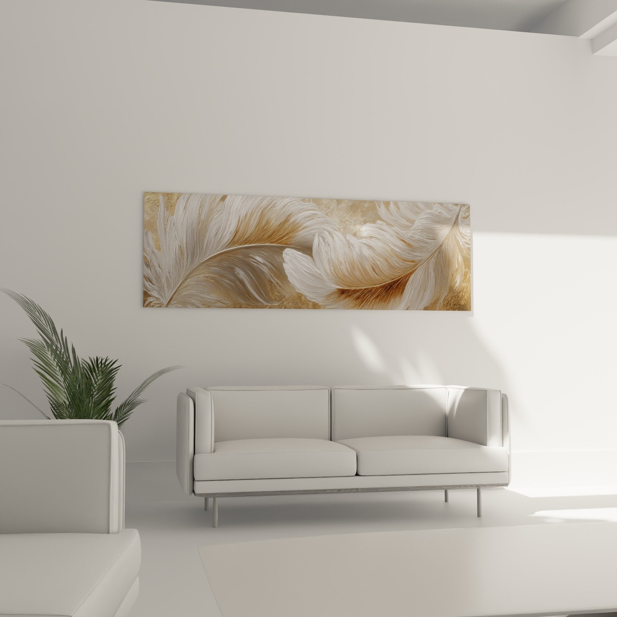Détail gros plan plumes dorées nacrées texture soyeuse tableau édition plume artistique