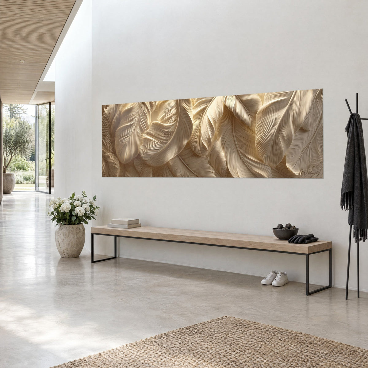 Wall art panoramic feathers in cream and golden beige relief, raking light on the quills, three-quarter view in the hallway