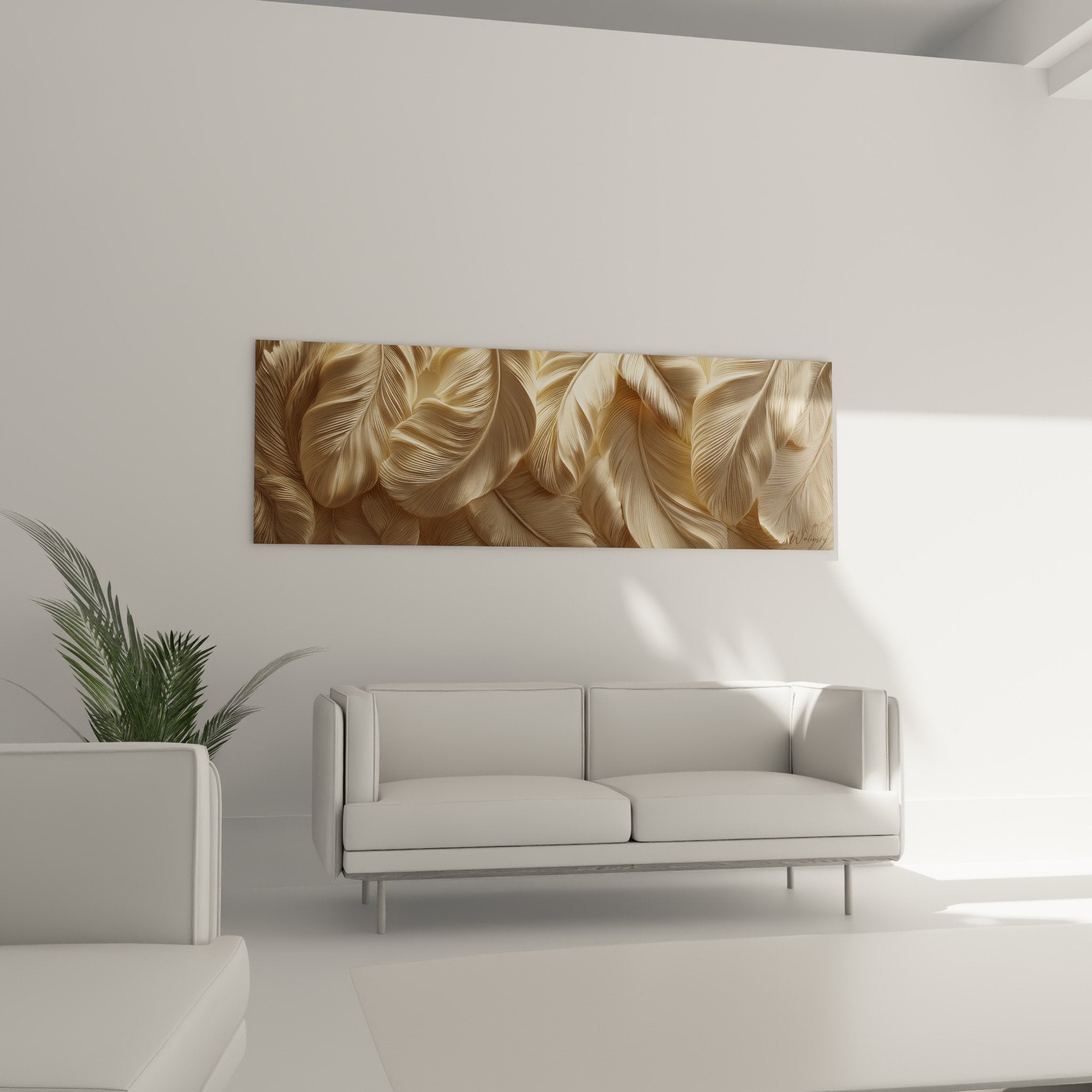 Golden feathers detail delicate texture beige bronze tones artistic wall art