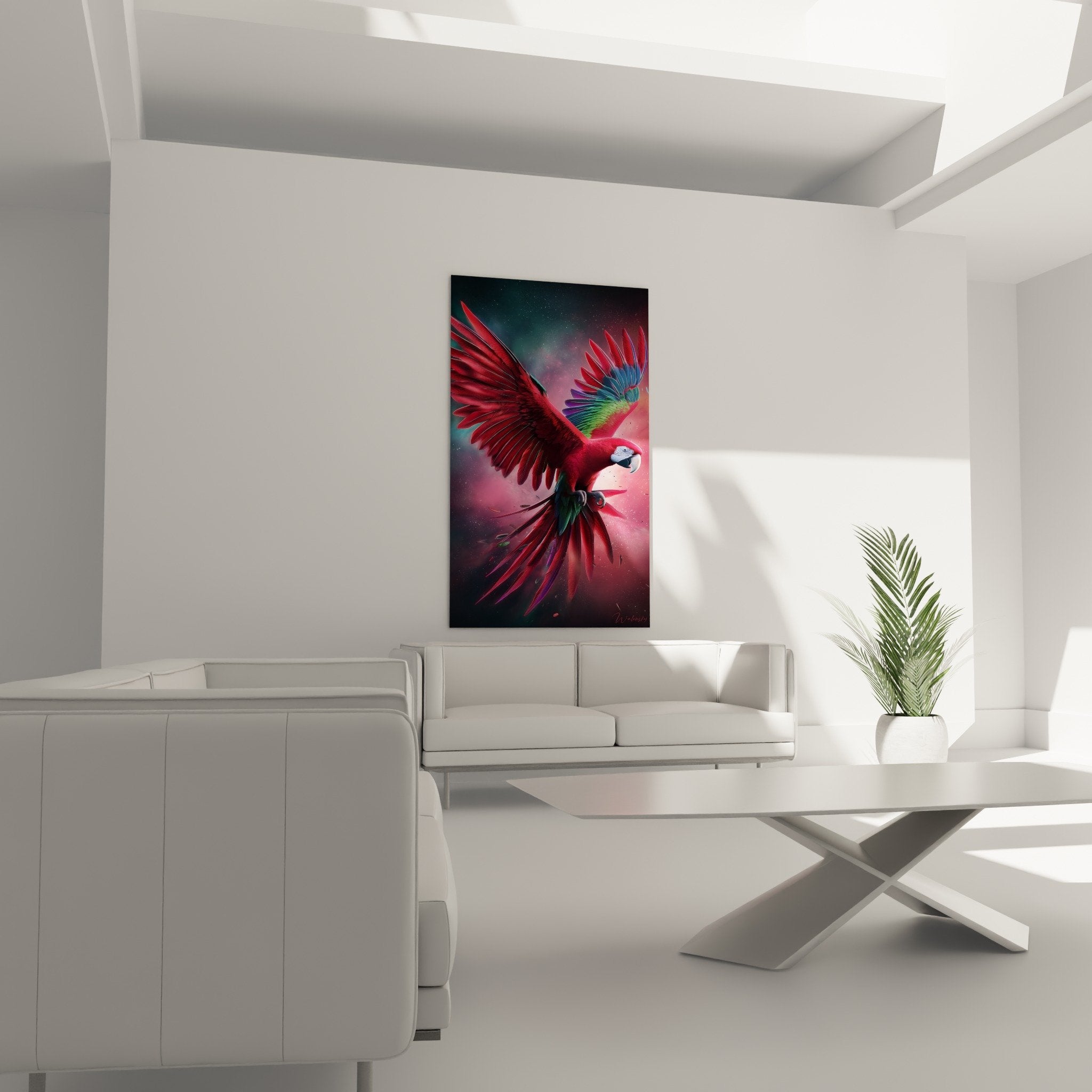 Detail rote und grüne Papageienfedern mit irisierenden Reflexen auf kosmospinkem violettem Hintergrund moderner Wandkunst