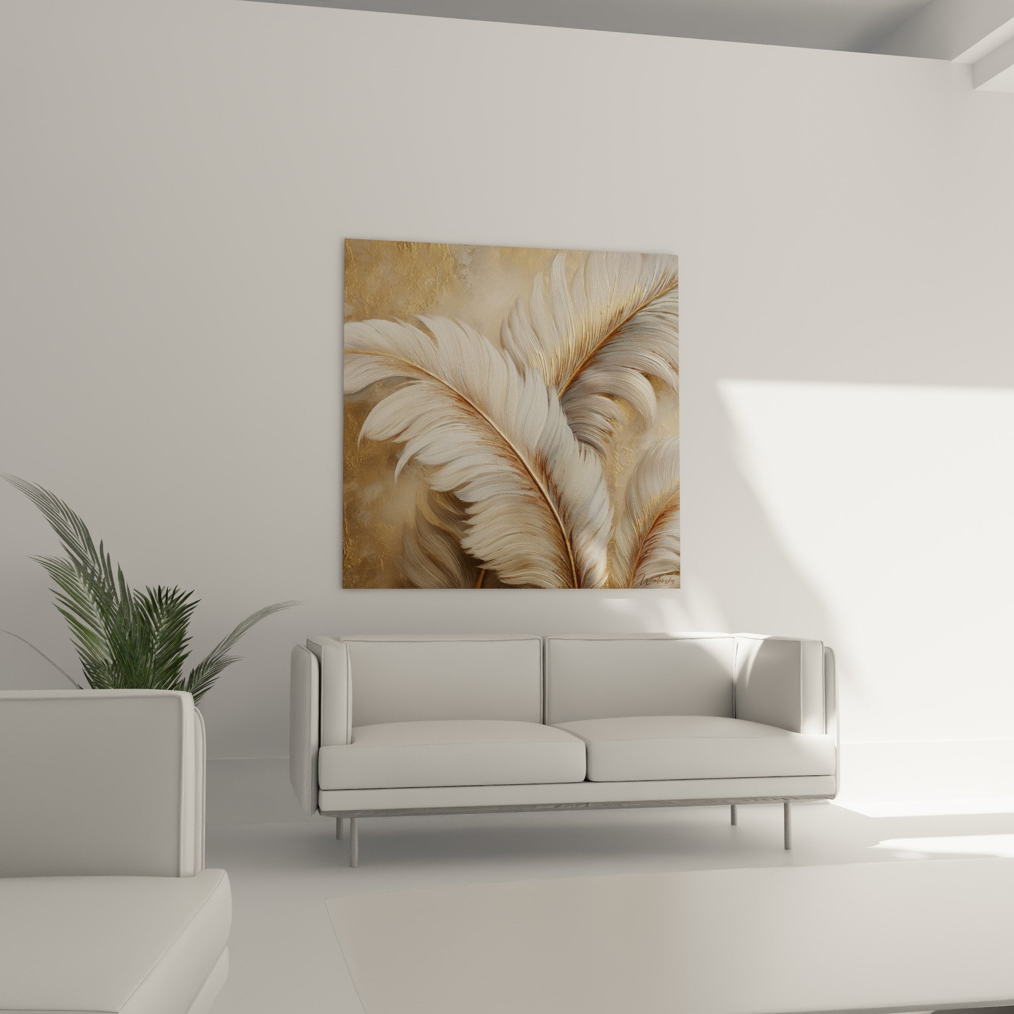 Détail plumes aux reflets dorés et texture beige, finesse des barbes et nuances subtiles de l'œuvre