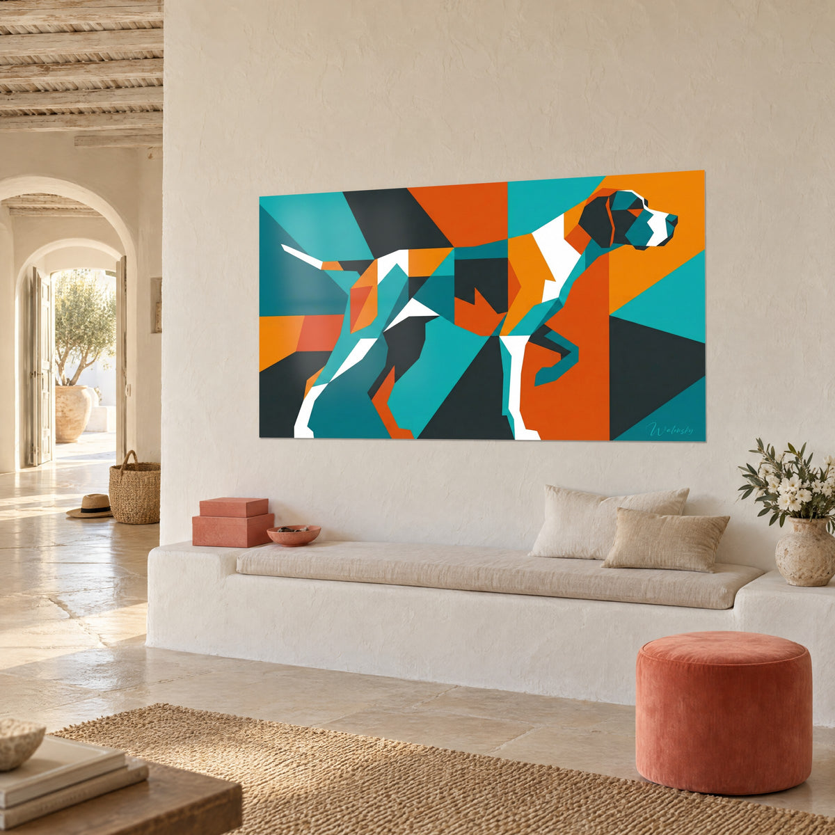 Cuadro pointer inglés en mosaico, planos naranja vivo y verde azulado sobre fondo carbón, en una pared crema en vista de tres cuartos