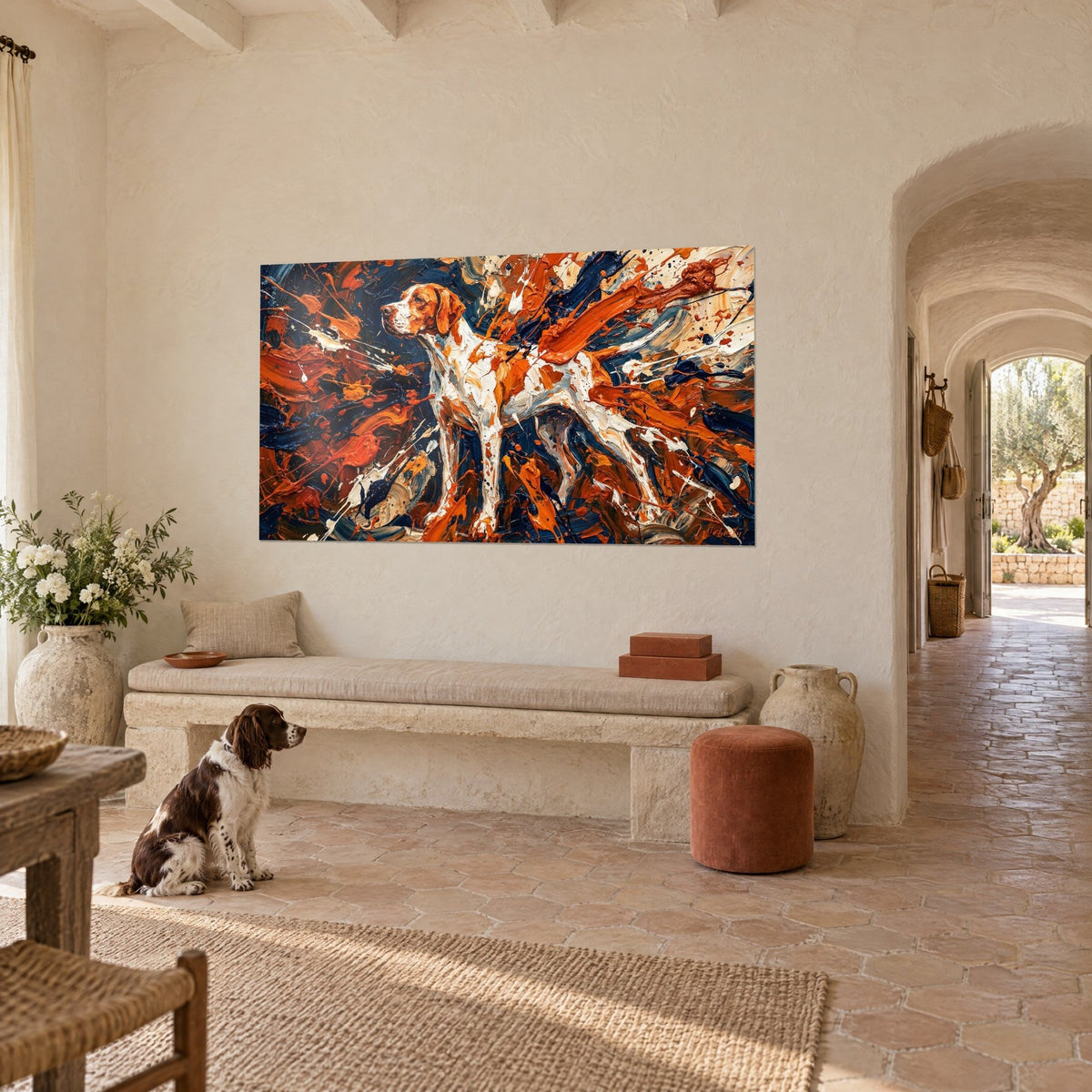 Tableau chien de chasse tacheté d'orange vif sur fond bleu marine empâté, spaniel assis devant un mas provençal