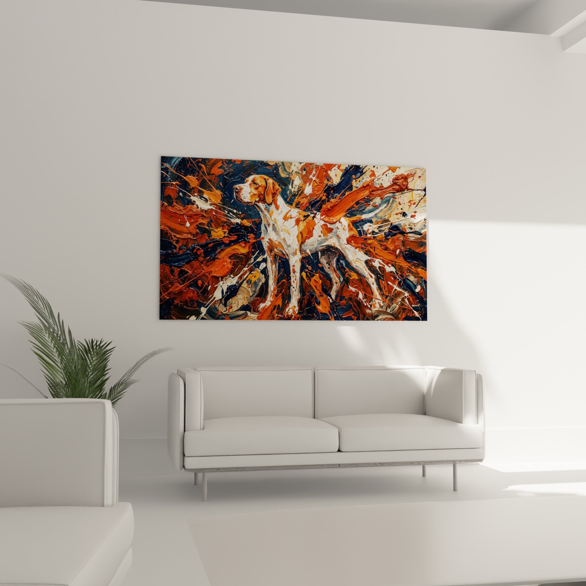 Dettaglio primo piano quadro Pointer Inglese schizzi vernice arancione texture spessa arte contemporanea