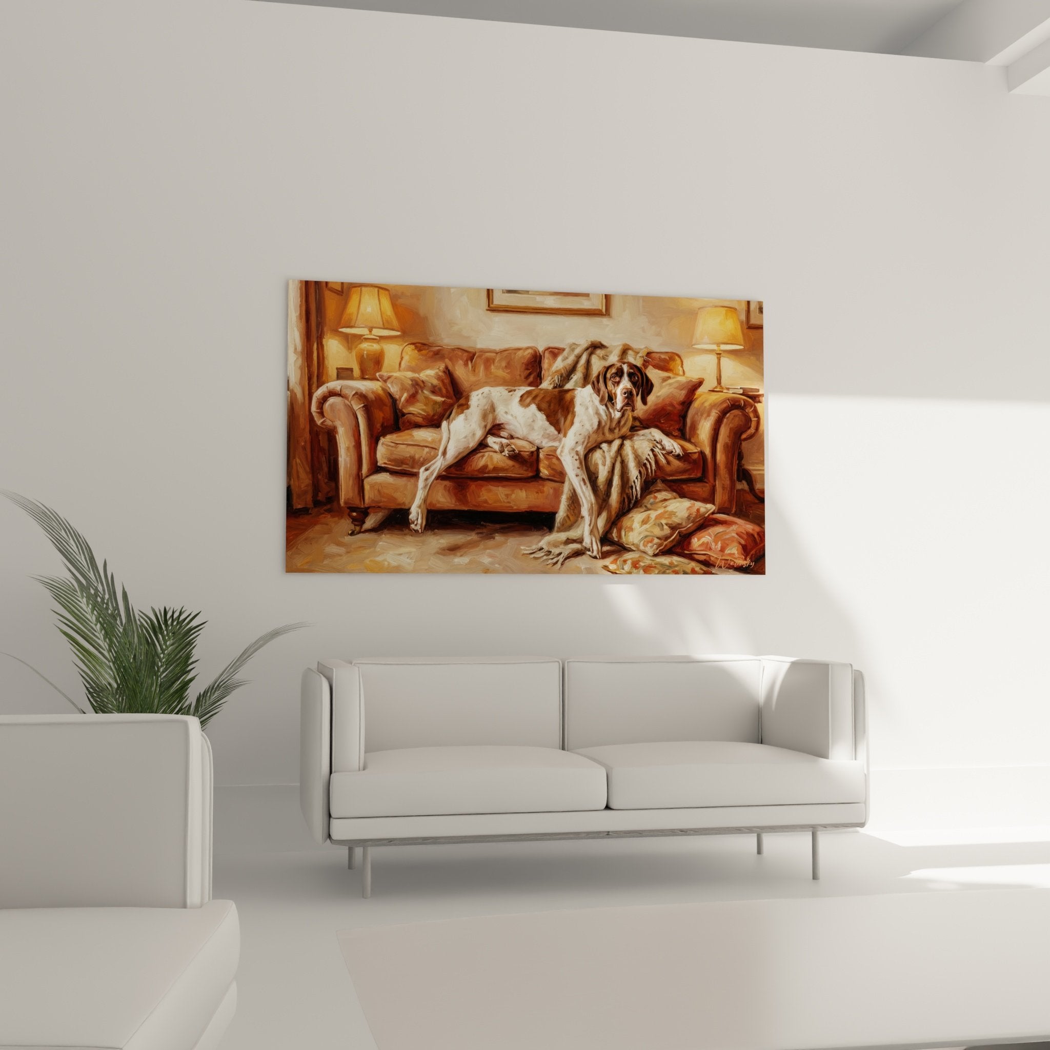 Dettaglio quadro Pointer Inglese mantello maculato su pelle, tecnica pittorica realistica toni caldi