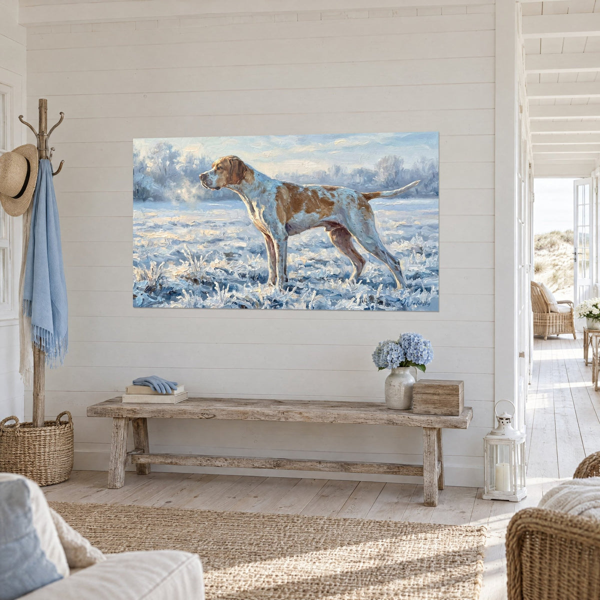 Wall art of an orange-speckled hunting dog frozen in icy mist, pale blue and ochre, on a paneled hallway wall